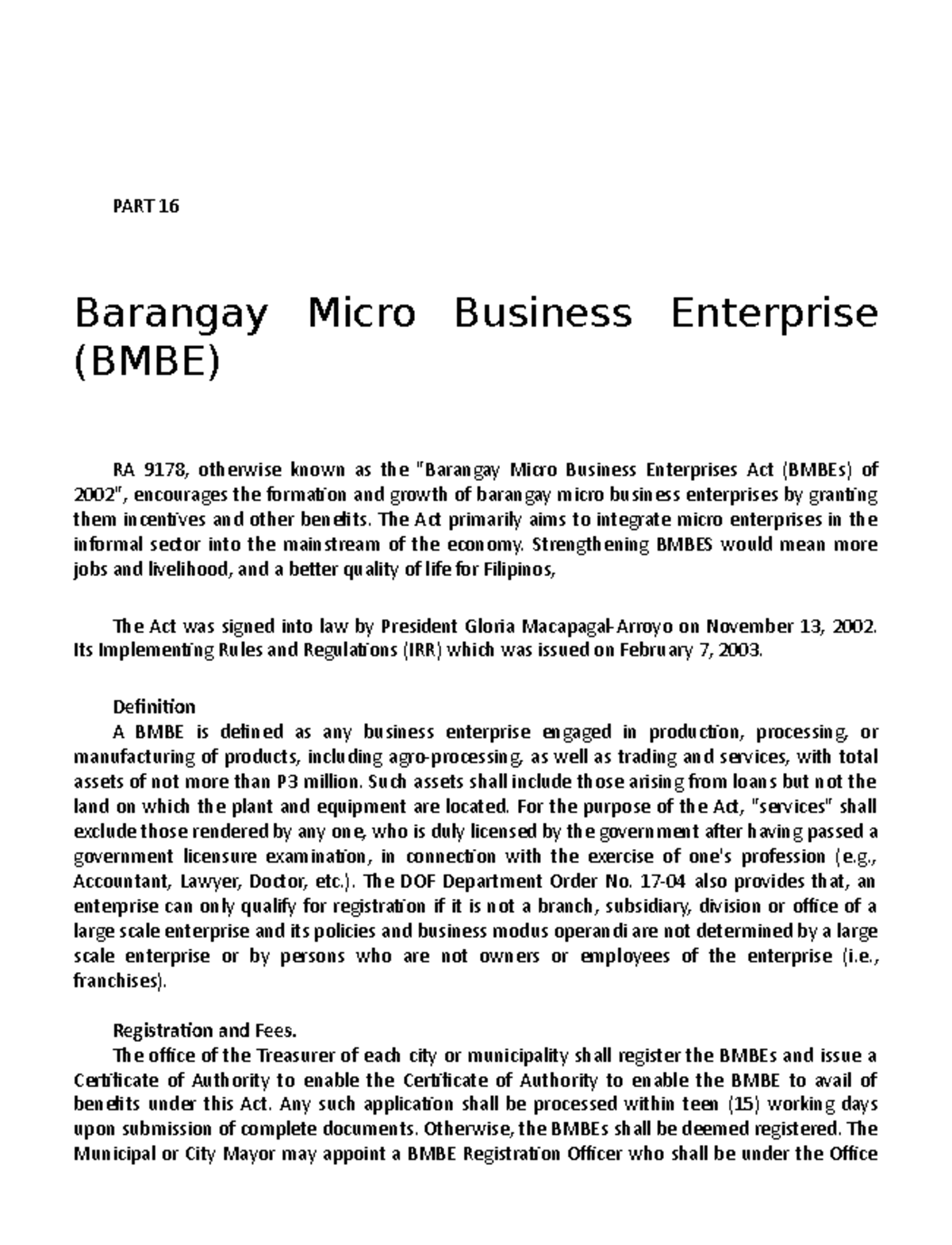 16 Barangay Micro Business Enterprises BMBE - PART 16 Barangay Micro ...