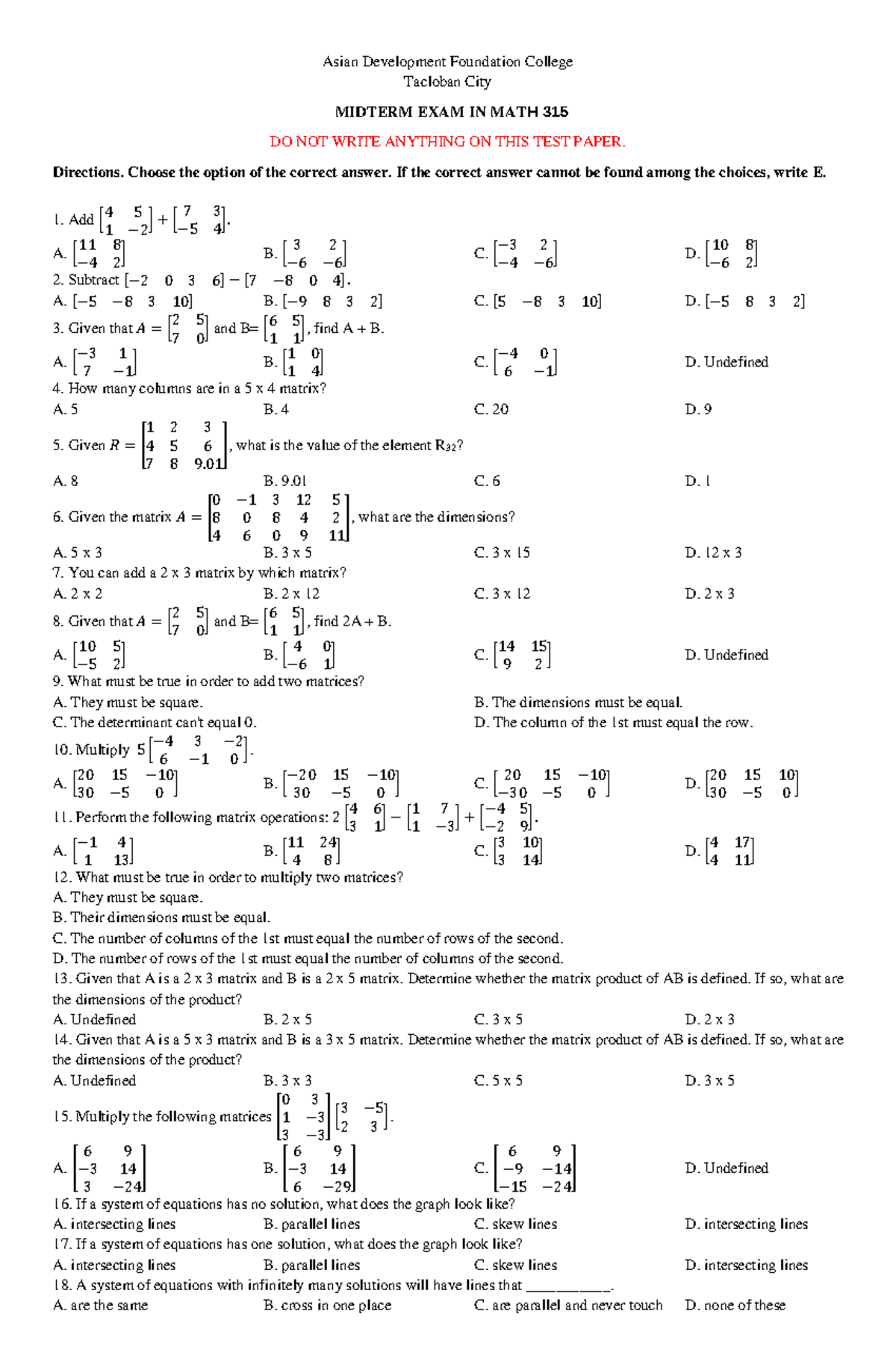 Math 315 MT - questions - Asian Development Foundation College Tacloban ...