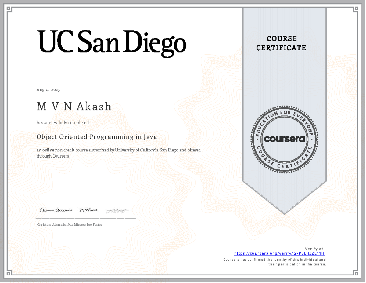 Certificate of Completion: OOP in Java - UCSD Coursera - Studocu