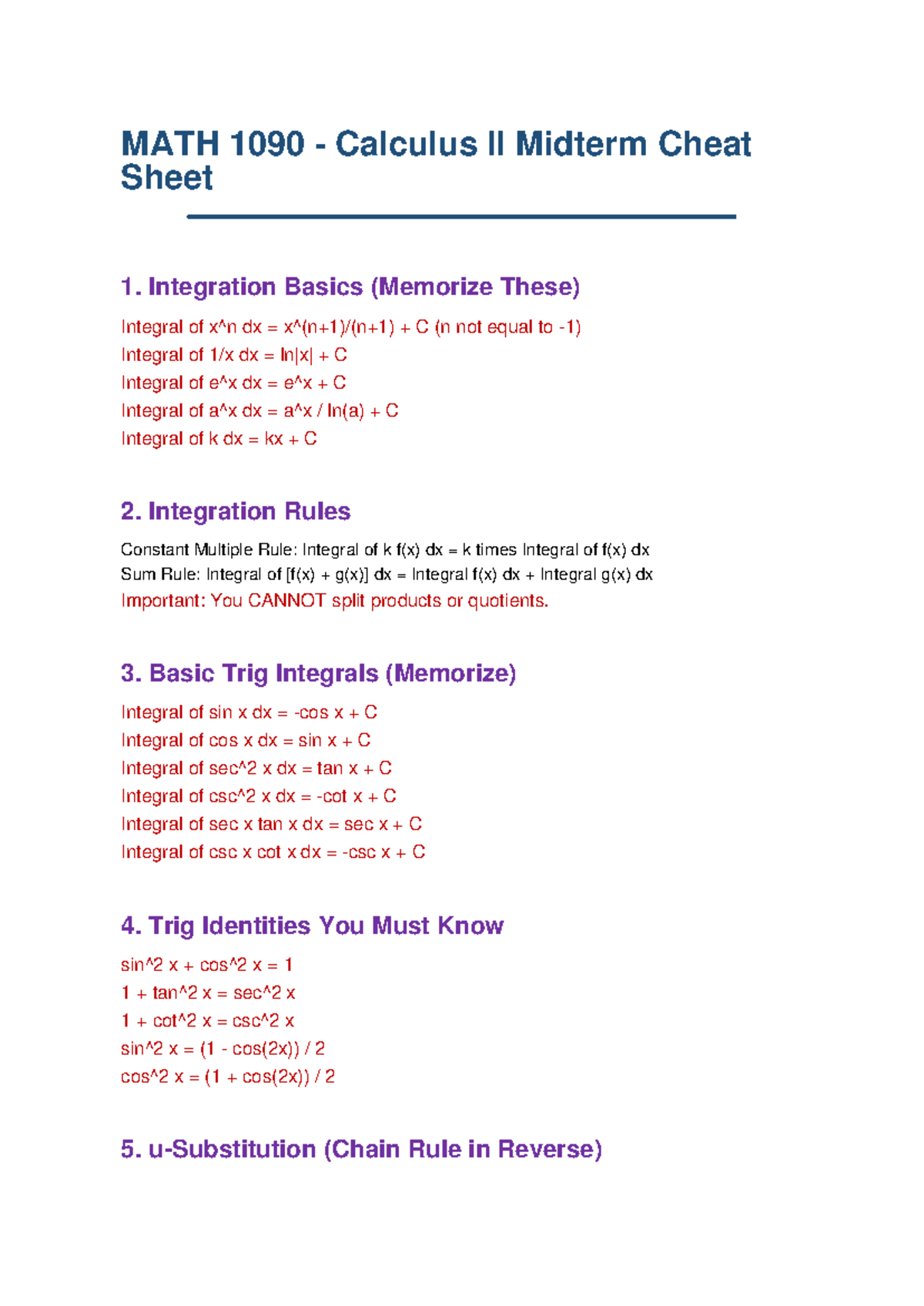MATH 1090 Calculus II Midterm Cheat Sheet: Integration Essentials - Studocu