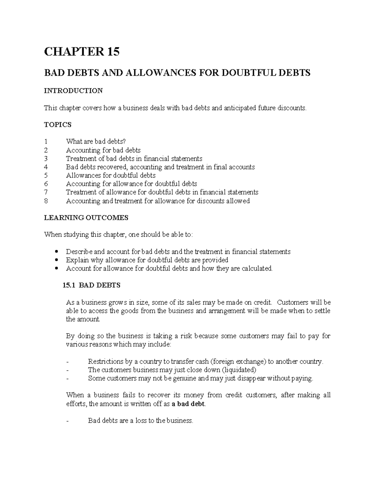 Bac 1100 Chapter 15: Bad Debts & Allowances for Doubtful Debts Notes ...