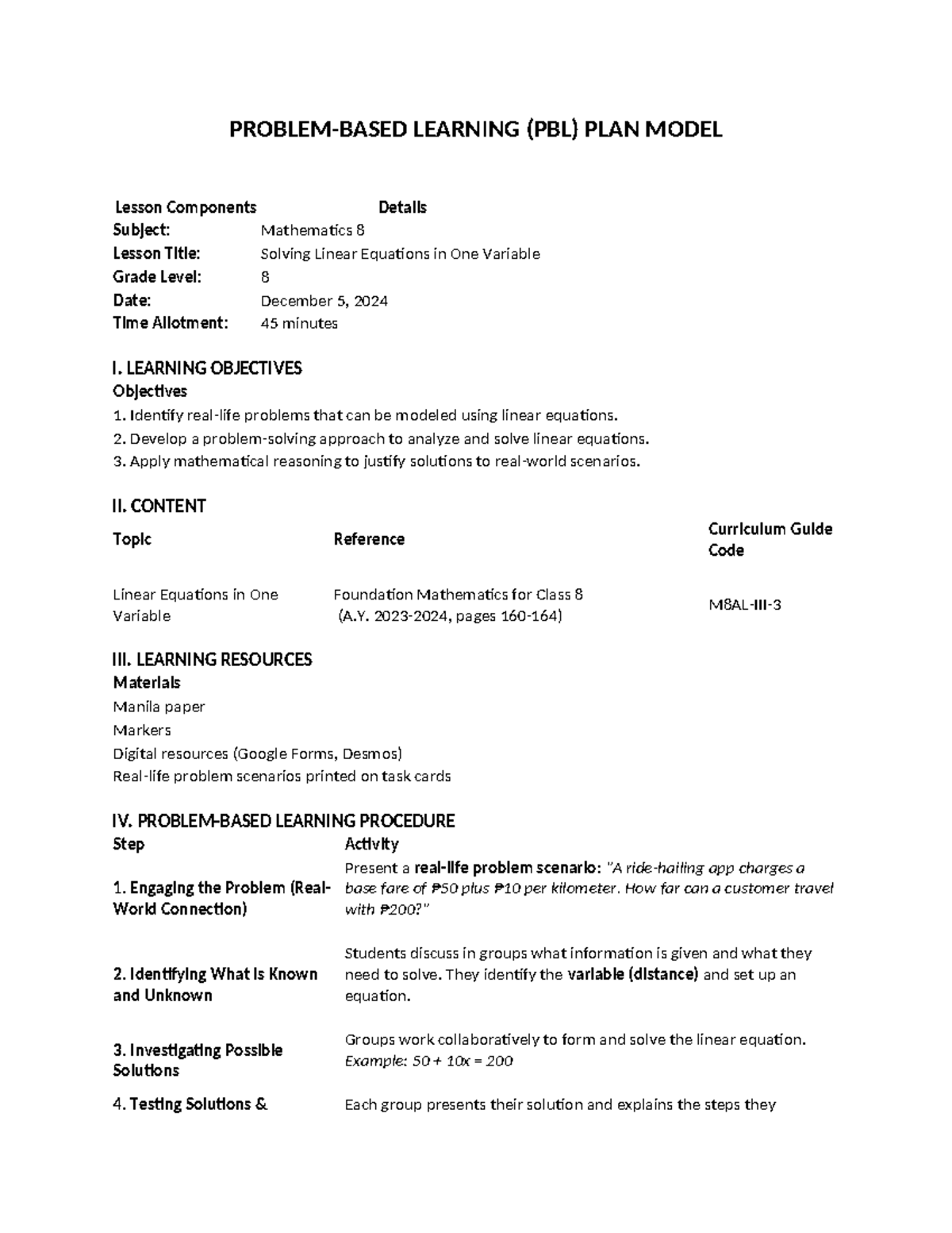 Mathematics 8 Lesson Plan: Solving Linear Equations (Mod2-L3) - Studocu