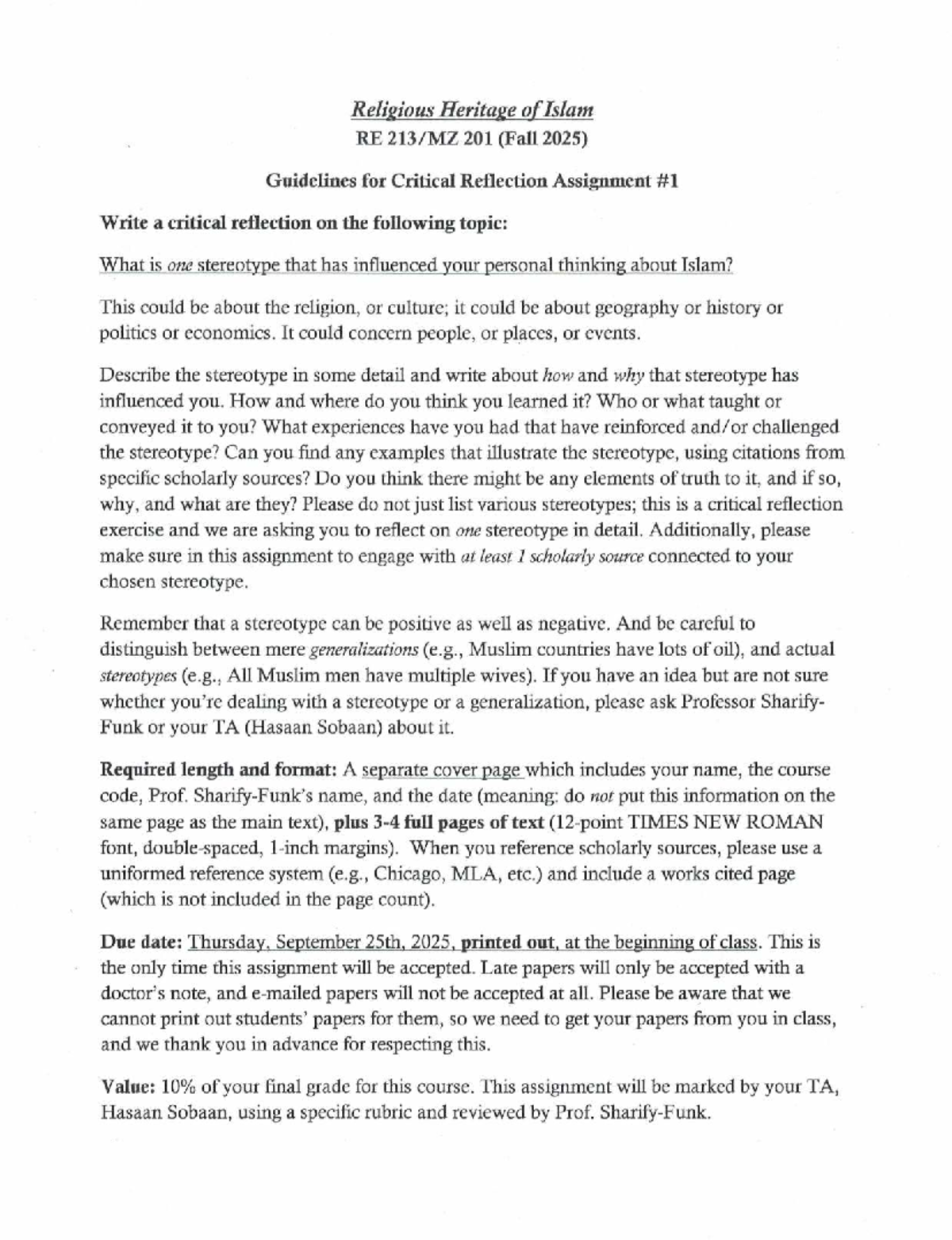 Critical Reflection on Stereotypes in Islam RE 201 (Fall 2025) - Studocu