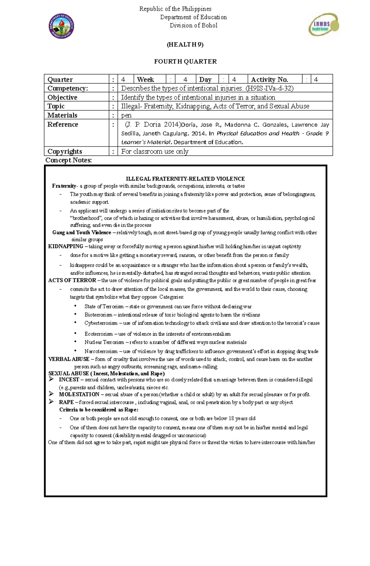 HEALTH 9 - Module 4 Concept Notes on Intentional Injuries - Studocu