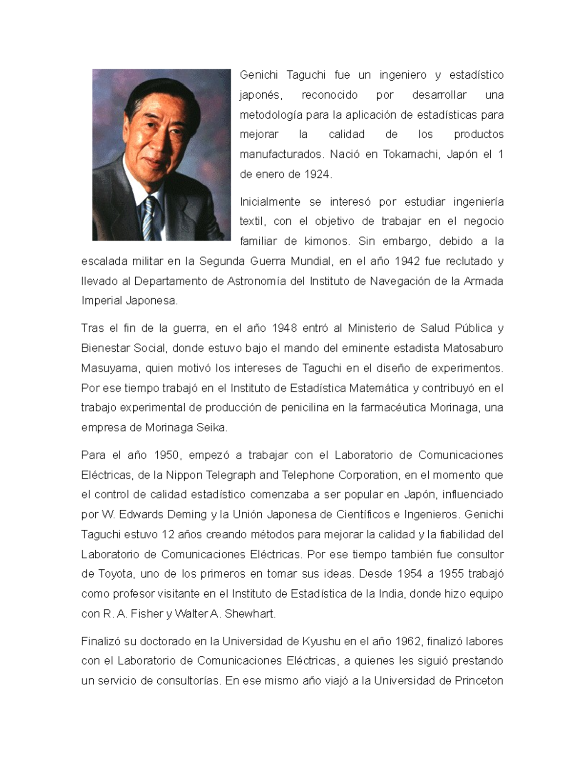 Biografía de Genichi Taguchi: Innovador en Calidad Estádística - Studocu