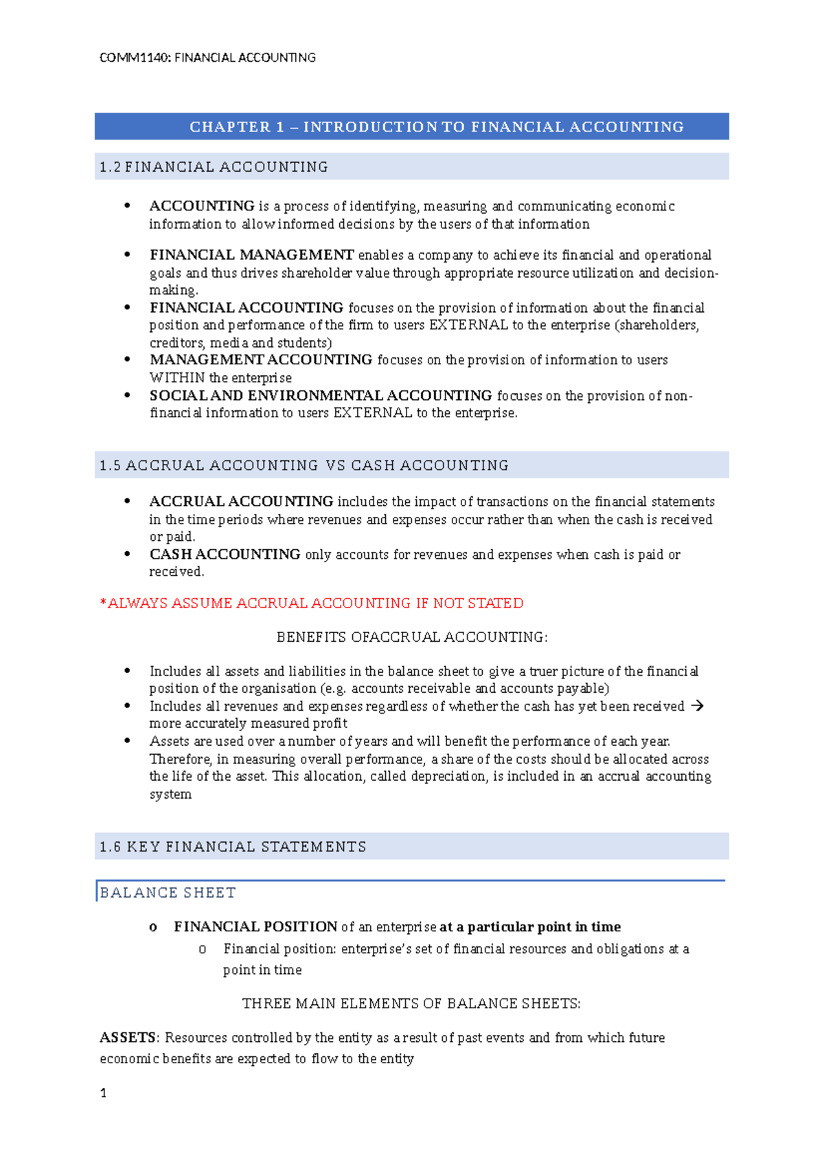 COMM1140 Notes.docx - notes - CHAPTER 1 – INTRODUCTION TO FINANCIAL ...