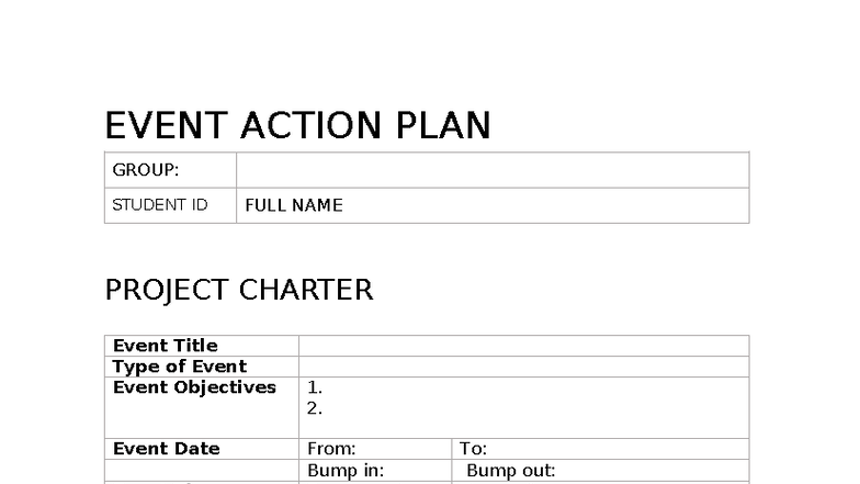 EVM490 Event Action Plan Template for Project Charter - Studocu