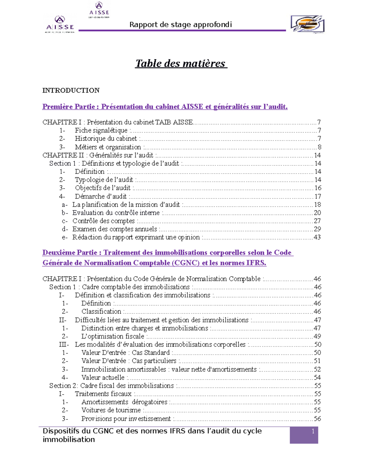 Rapport de Stage - Audit et Normes IFRS au Cabinet Taib Aisse - Studocu
