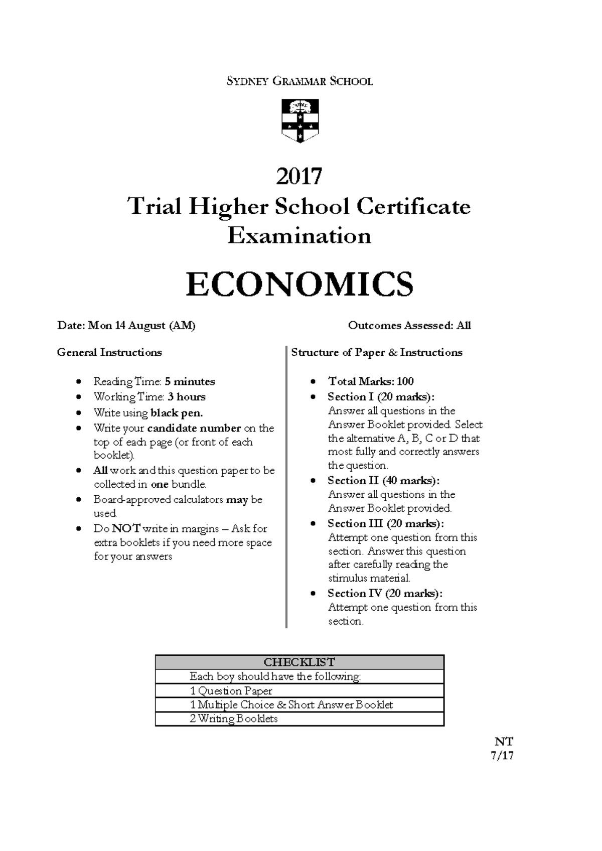 Syd Grammar 2017 HSC Economics Trial Exam Questions & Solutions - Studocu