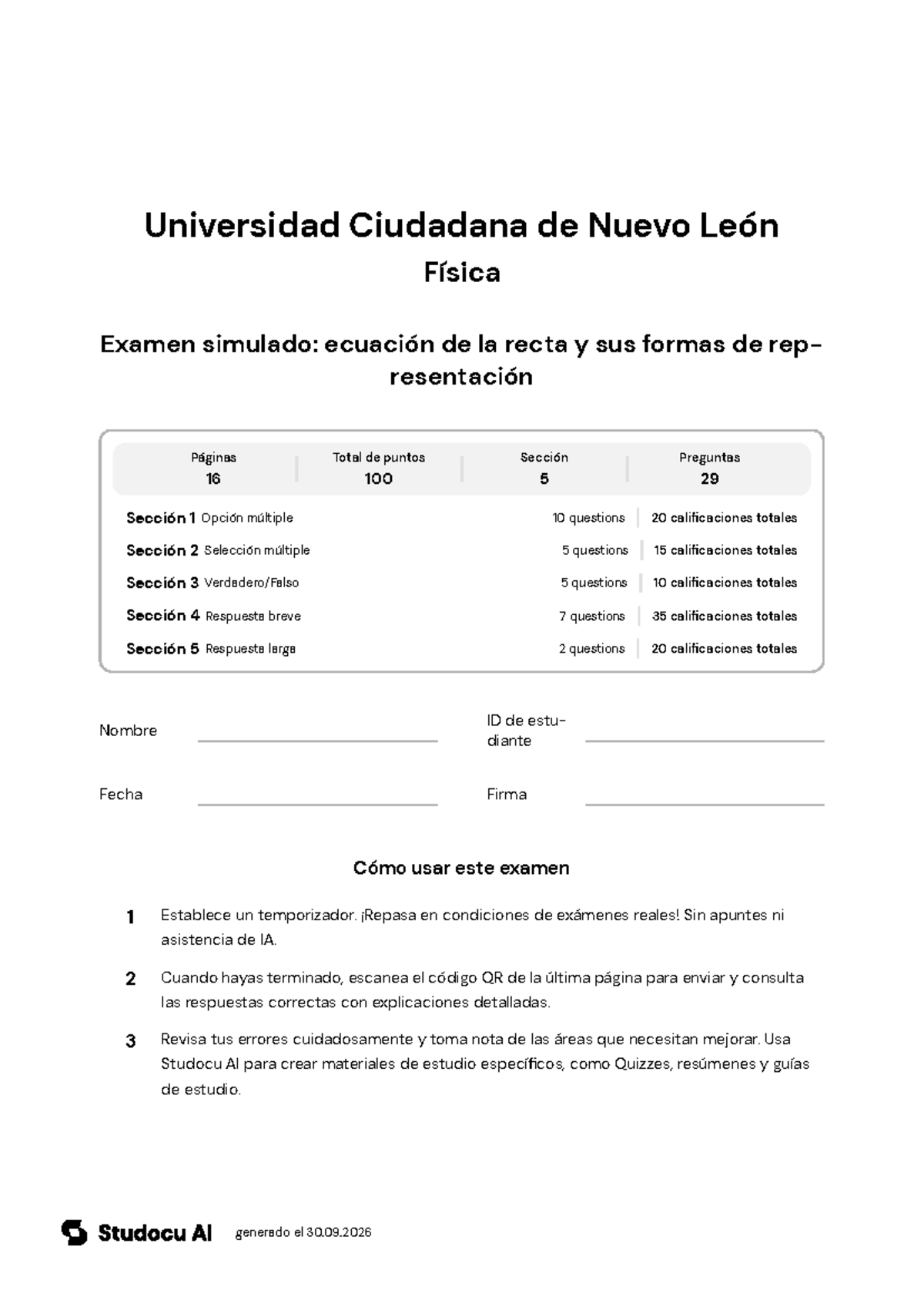 Examen Simulado: Ecuación de la Recta en Física - Studocu