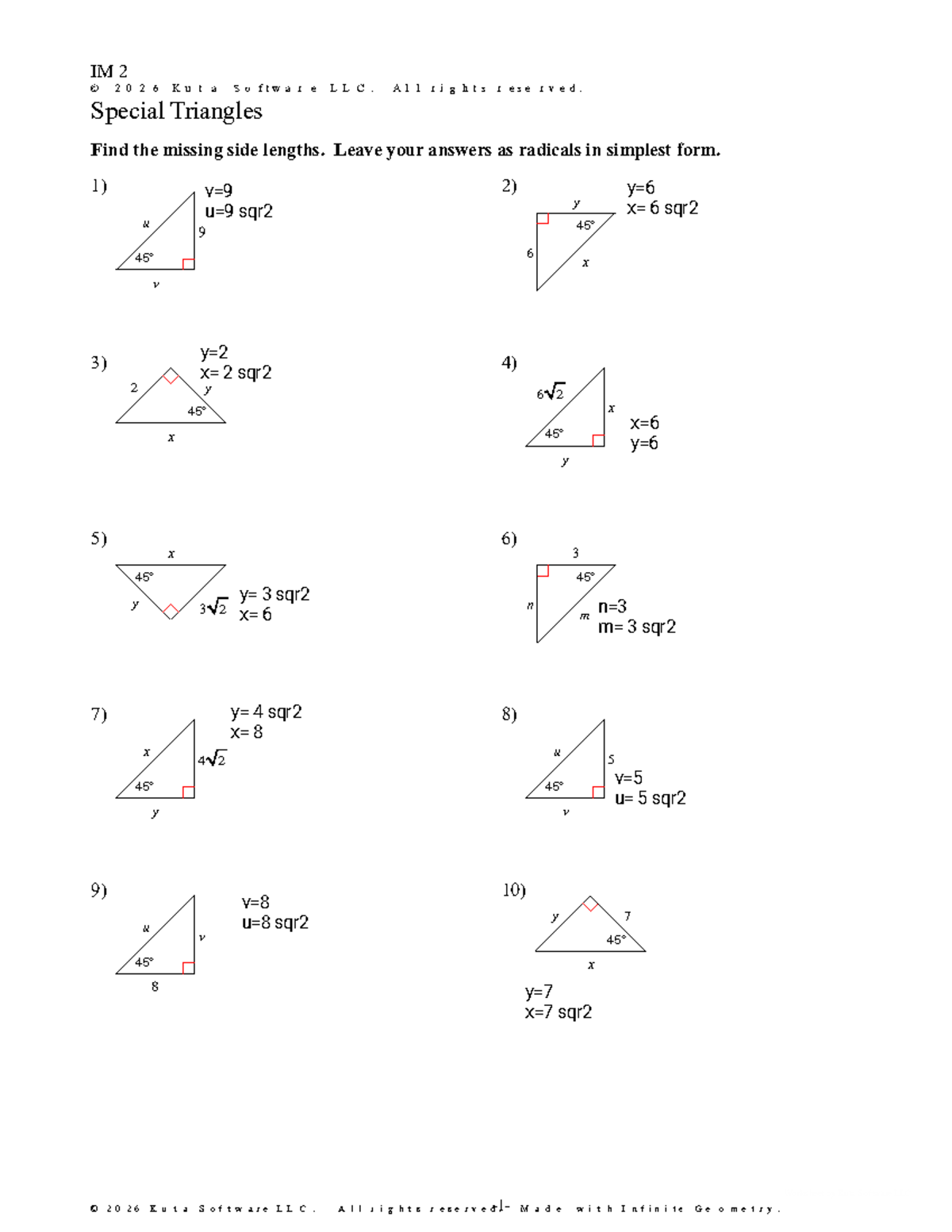 IM 2 Special Triangles Worksheet: Finding Missing Side Lengths - Studocu