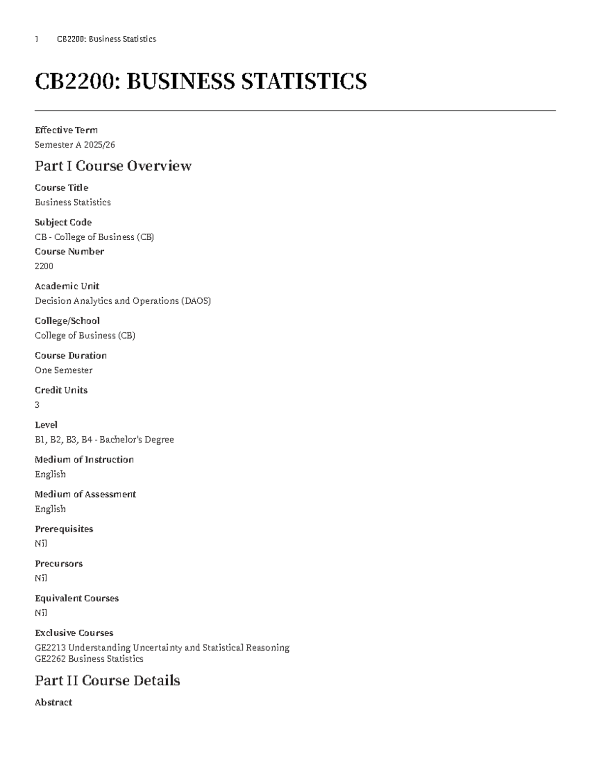 CB2200: Business Statistics Course Overview and Learning Outcomes - Studocu