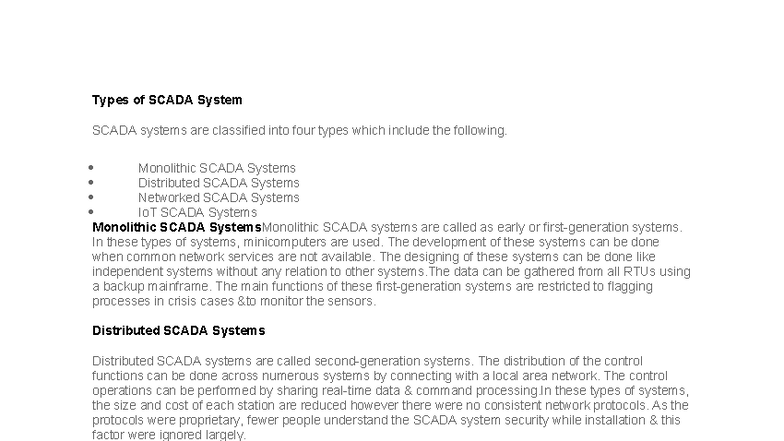 Types of SCADA Systems: Monolithic, Distributed, Networked, IoT - Studocu