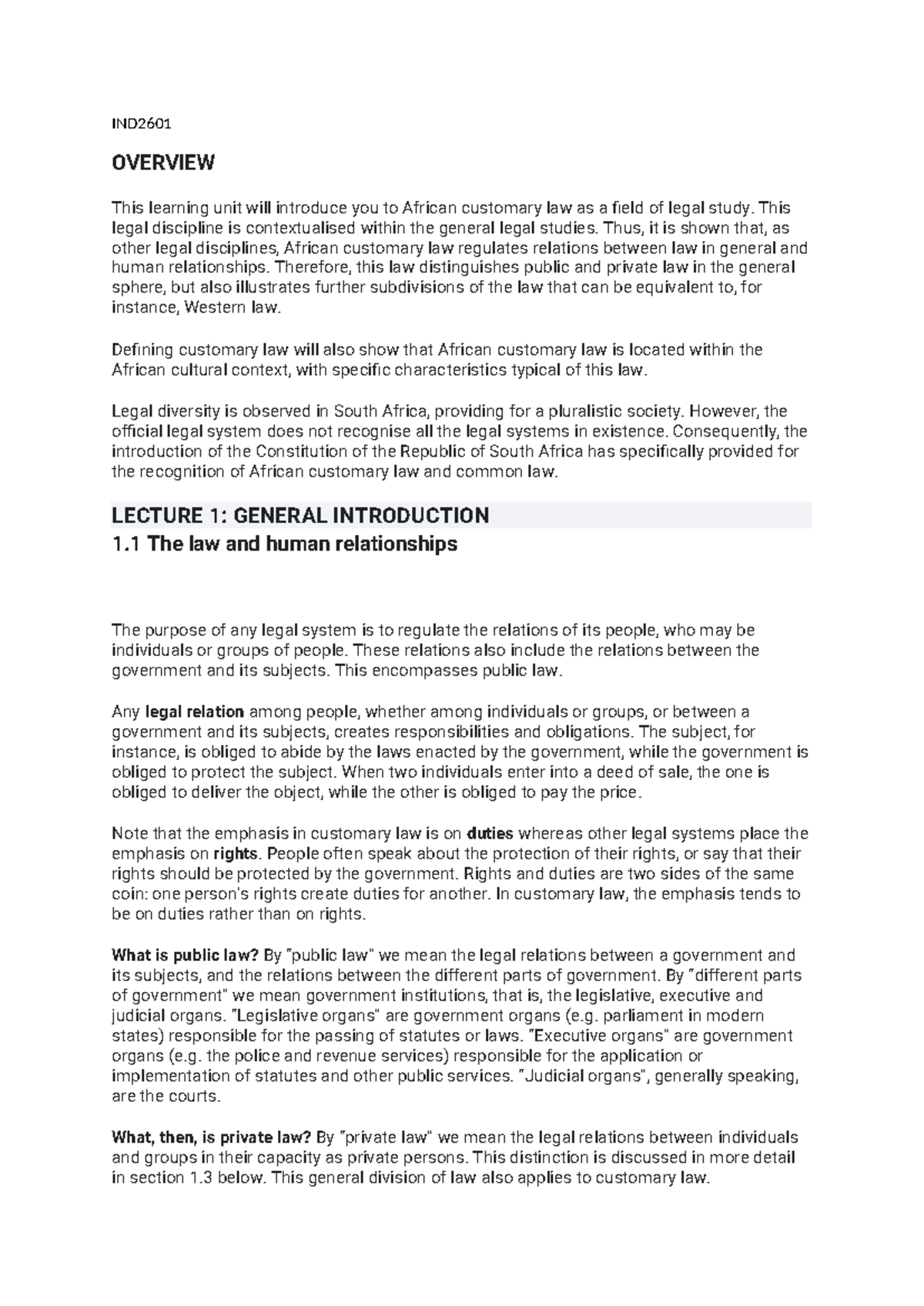 Learning Unit 1: Overview of African Customary Law - IND2601 - Studocu
