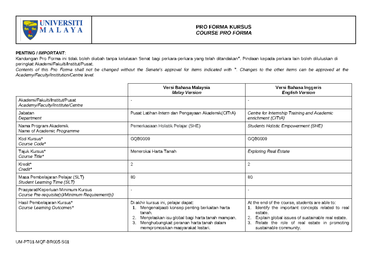 5. Proforma GQB0009 - Nice - PRO FORMA KURSUS COURSE PRO FORMA UM-PT01 ...