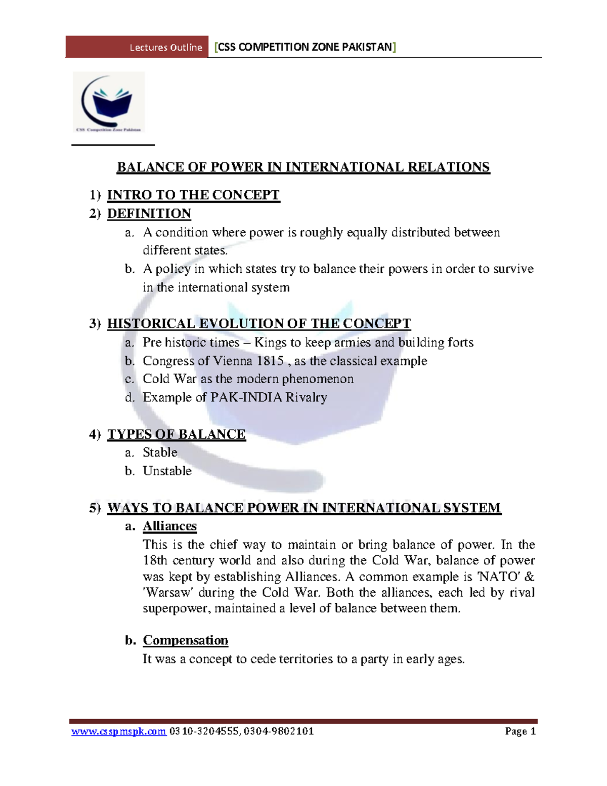 CSS 101 - Balance of Power in International Relations - Lecture Notes ...
