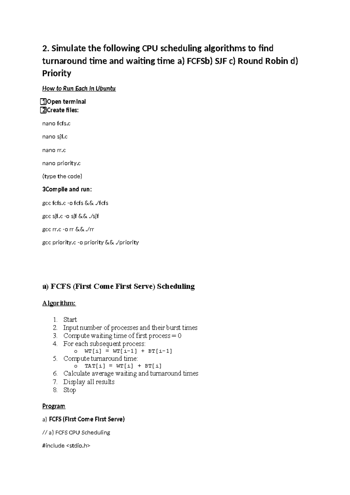 CPU Scheduling Algorithms Simulation: FCFS, SJF, RR, Priority (Prog 2 ...