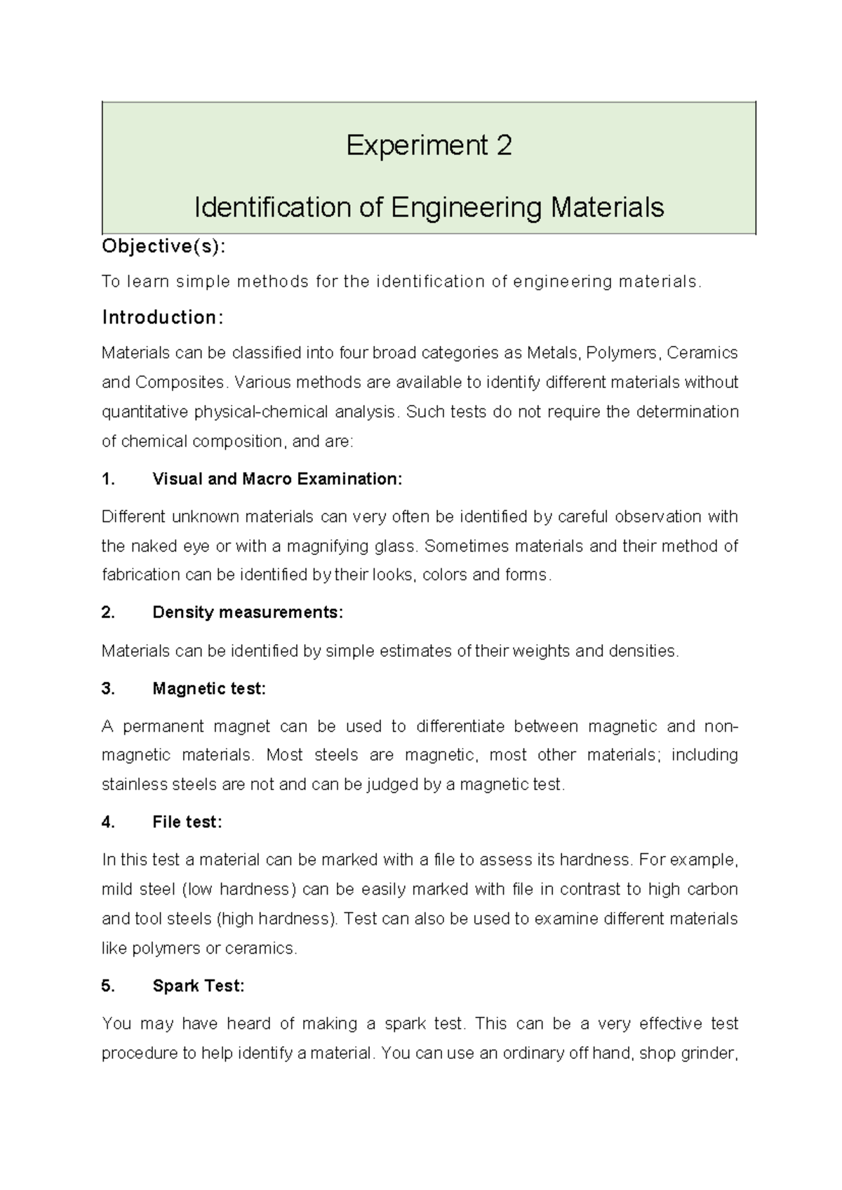 Experiment #02: Methods for Identifying Engineering Materials - Studocu