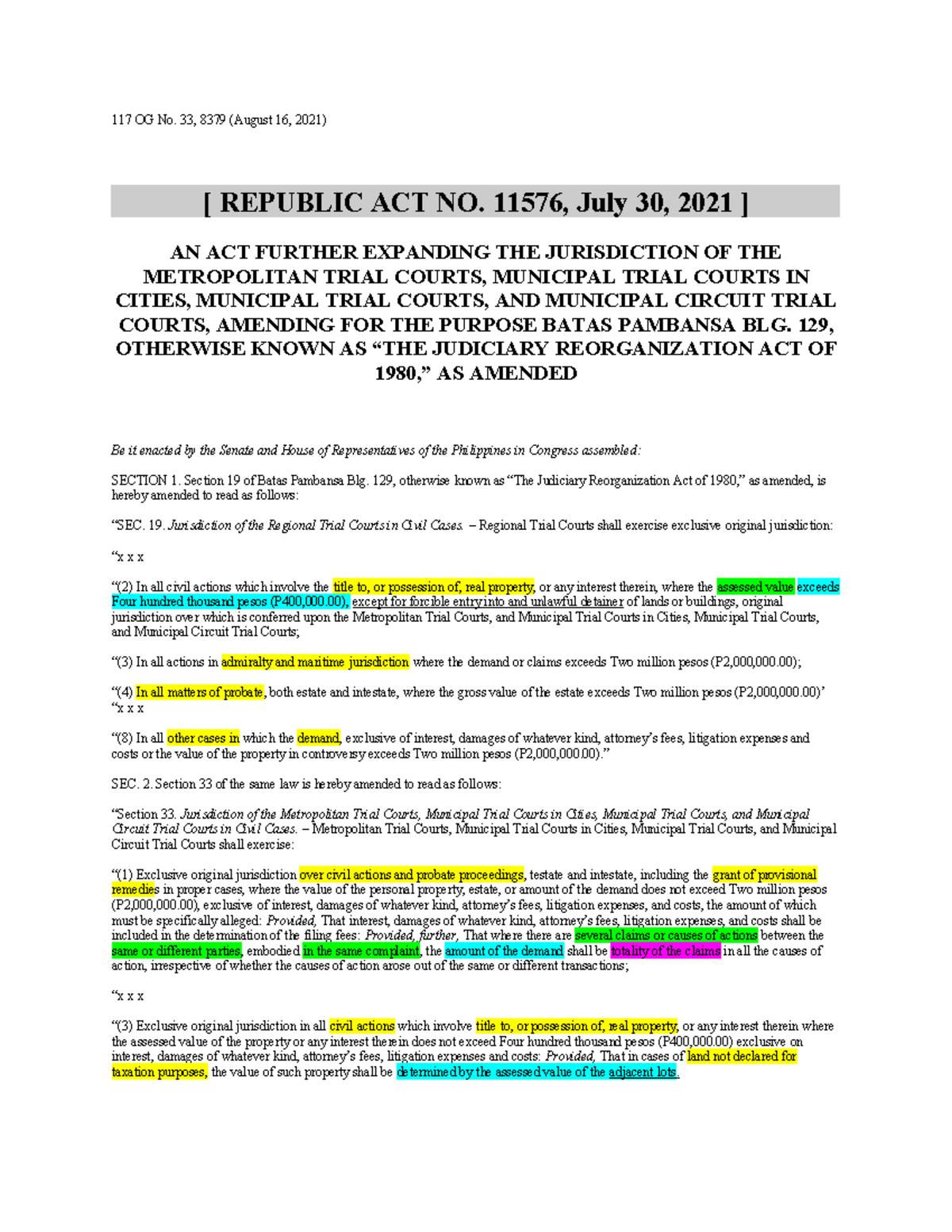 Important Points on R.A. 11576: Expanding 1st Level Courts ...