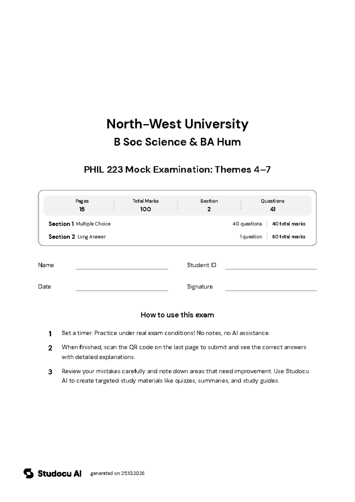 PHIL 223 Mock Exam: Themes 4-7 - Studocu