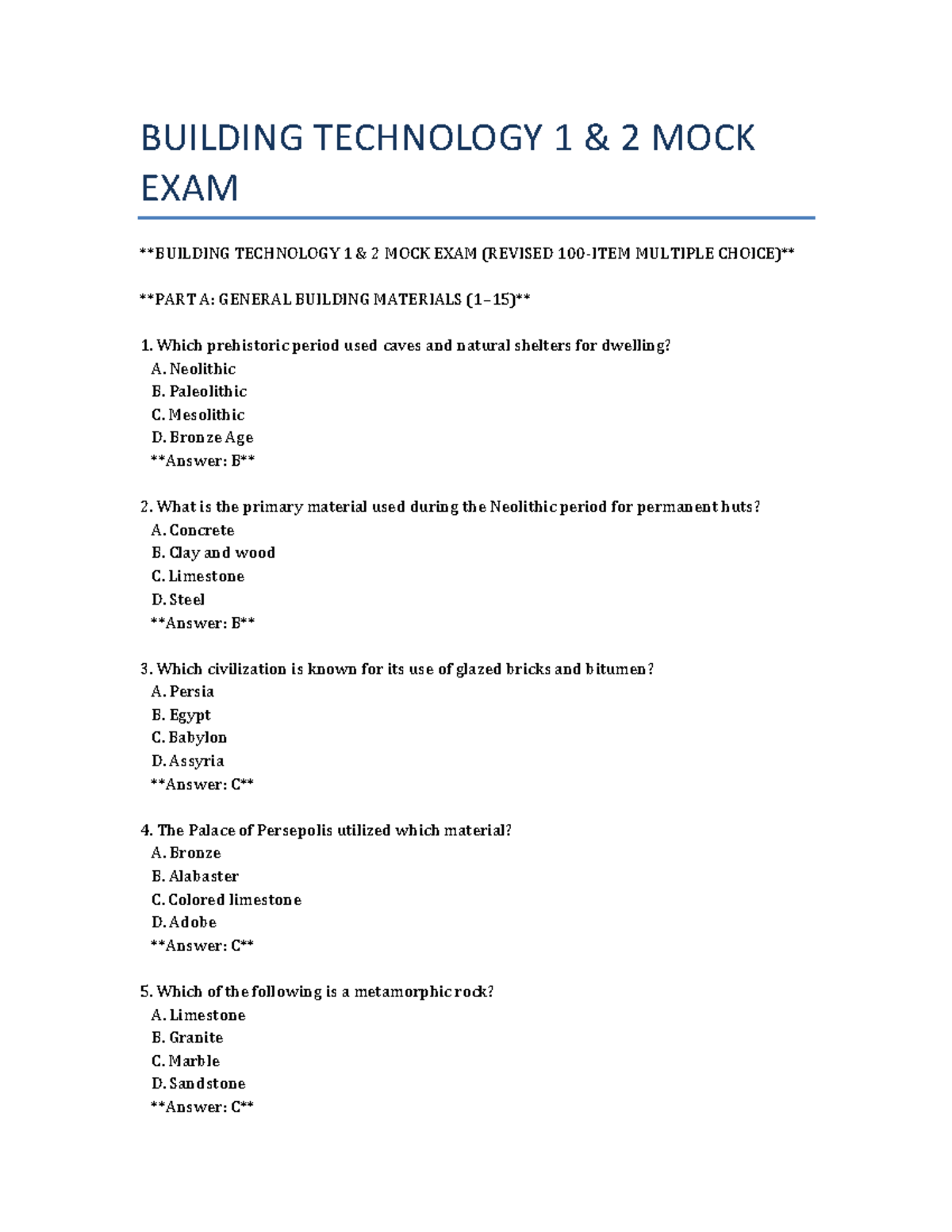 BUILDING TECHNOLOGY 1 2 MOCK EXAM: GENERAL MATERIALS QUESTIONS - Studocu