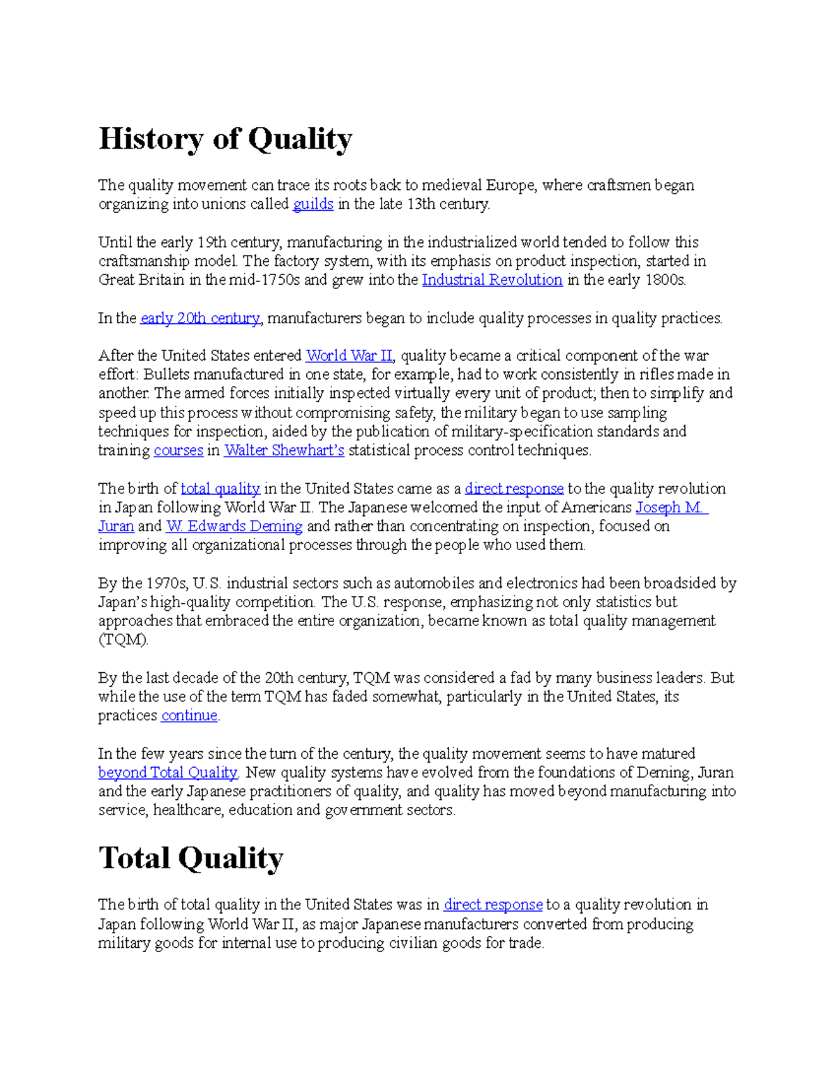 The Evolution of Quality Practices: From Guilds to TQM - Studocu