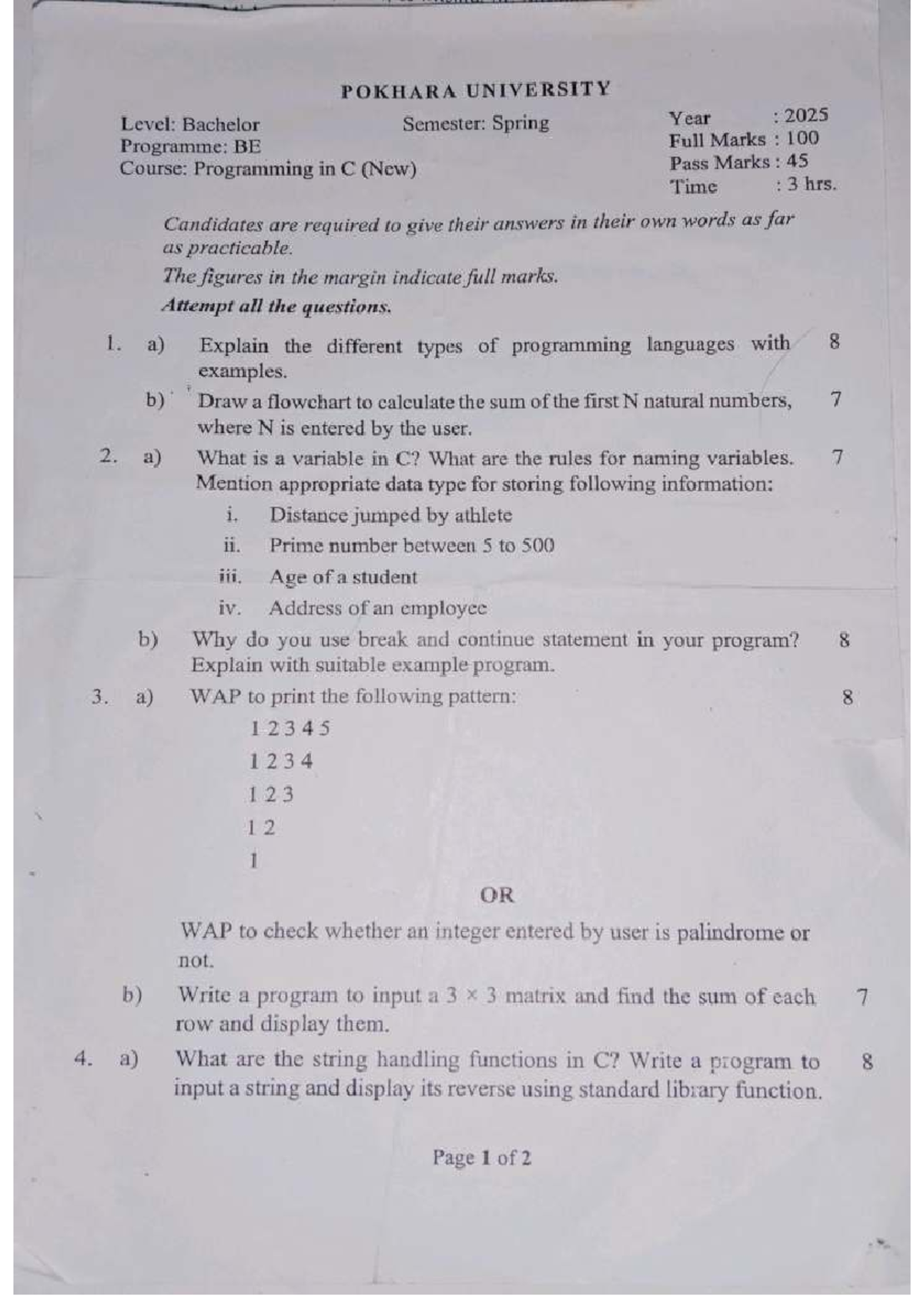 C Programming - Latest Exam Paper (Spring 2025) - Studocu