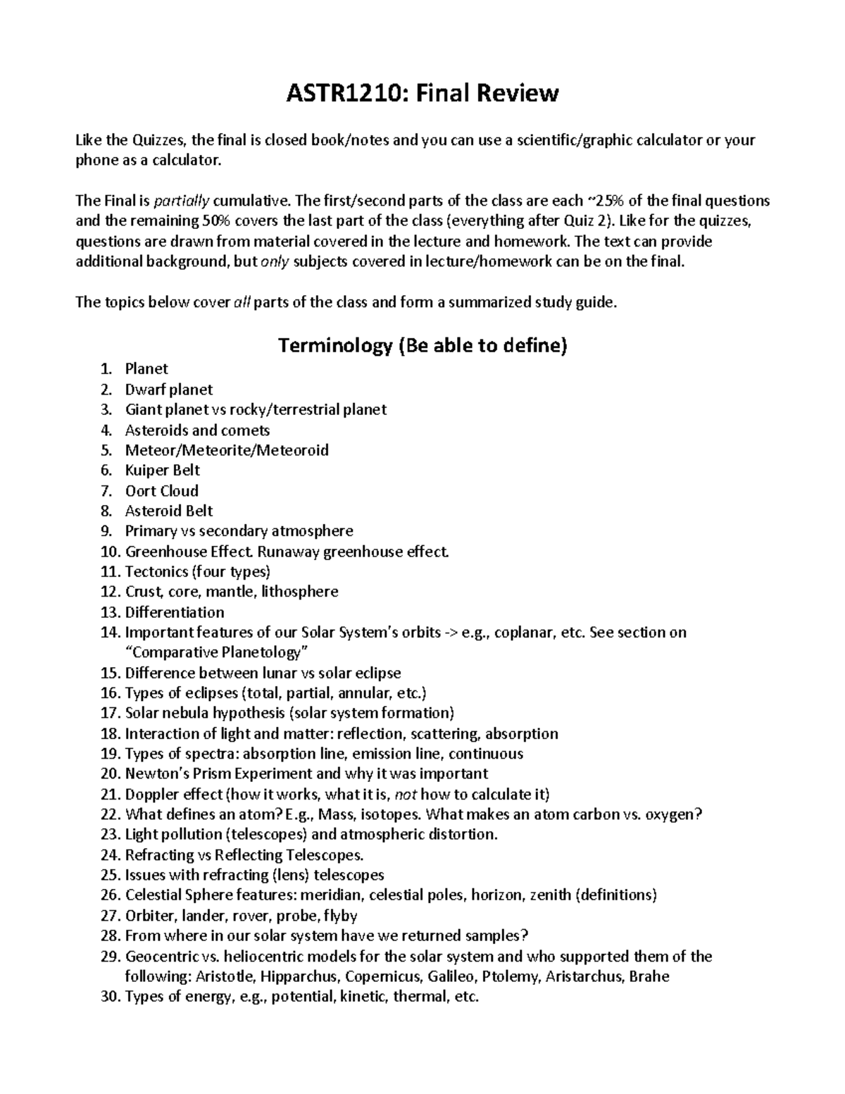 ASTR1210: Detailed Final Exam Study Guide & Review Notes - Studocu