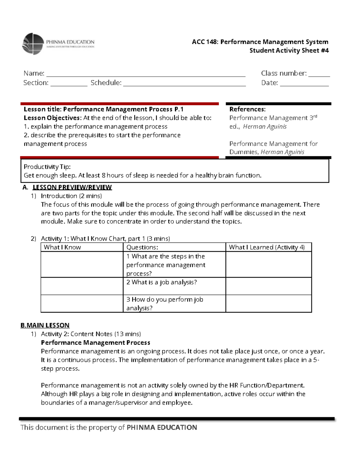 ACC 148: Performance Management Process Lesson Activity Sheet - Studocu