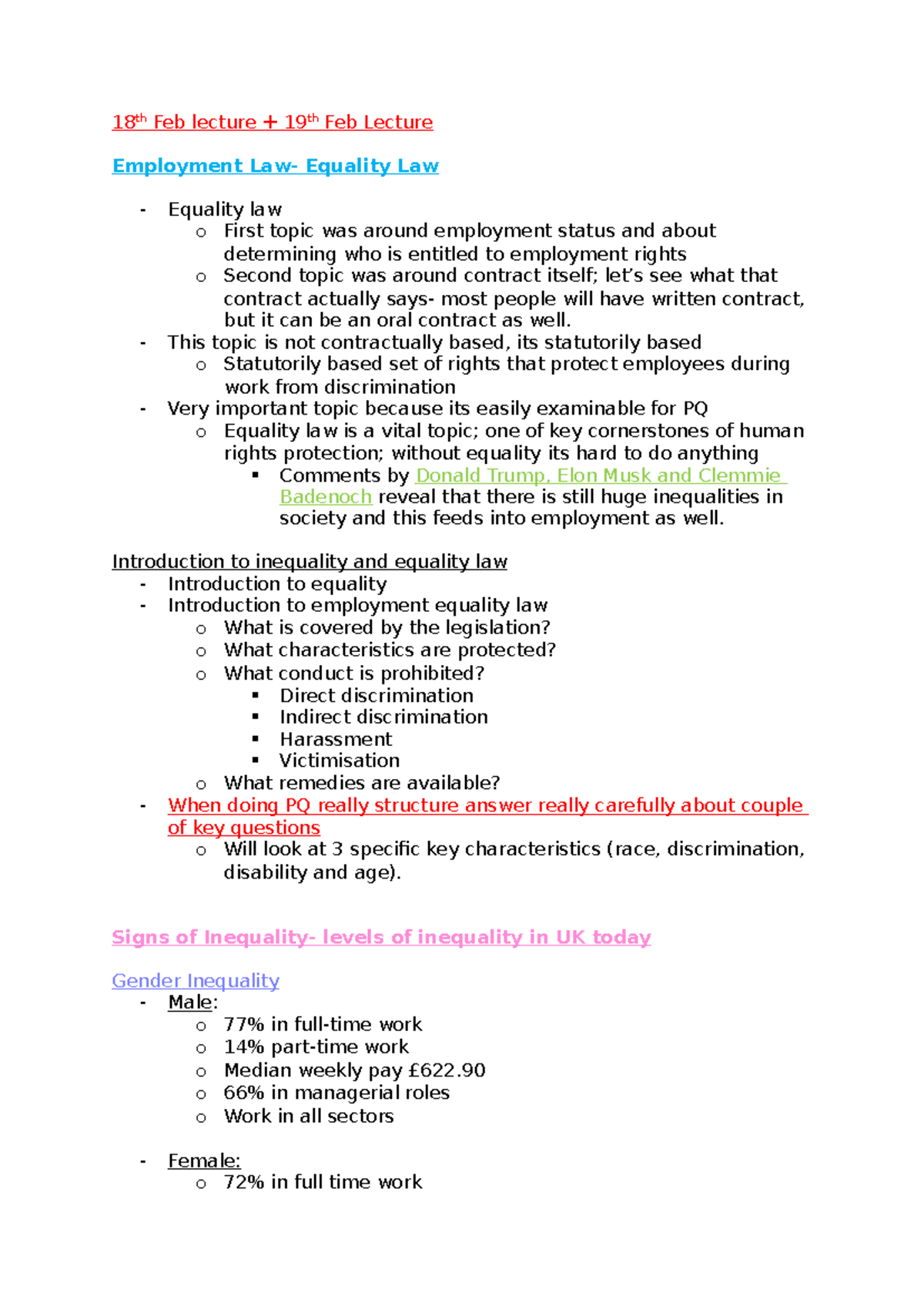 Lecture 5: Employment Equality Law Overview and Key Issues - Studocu