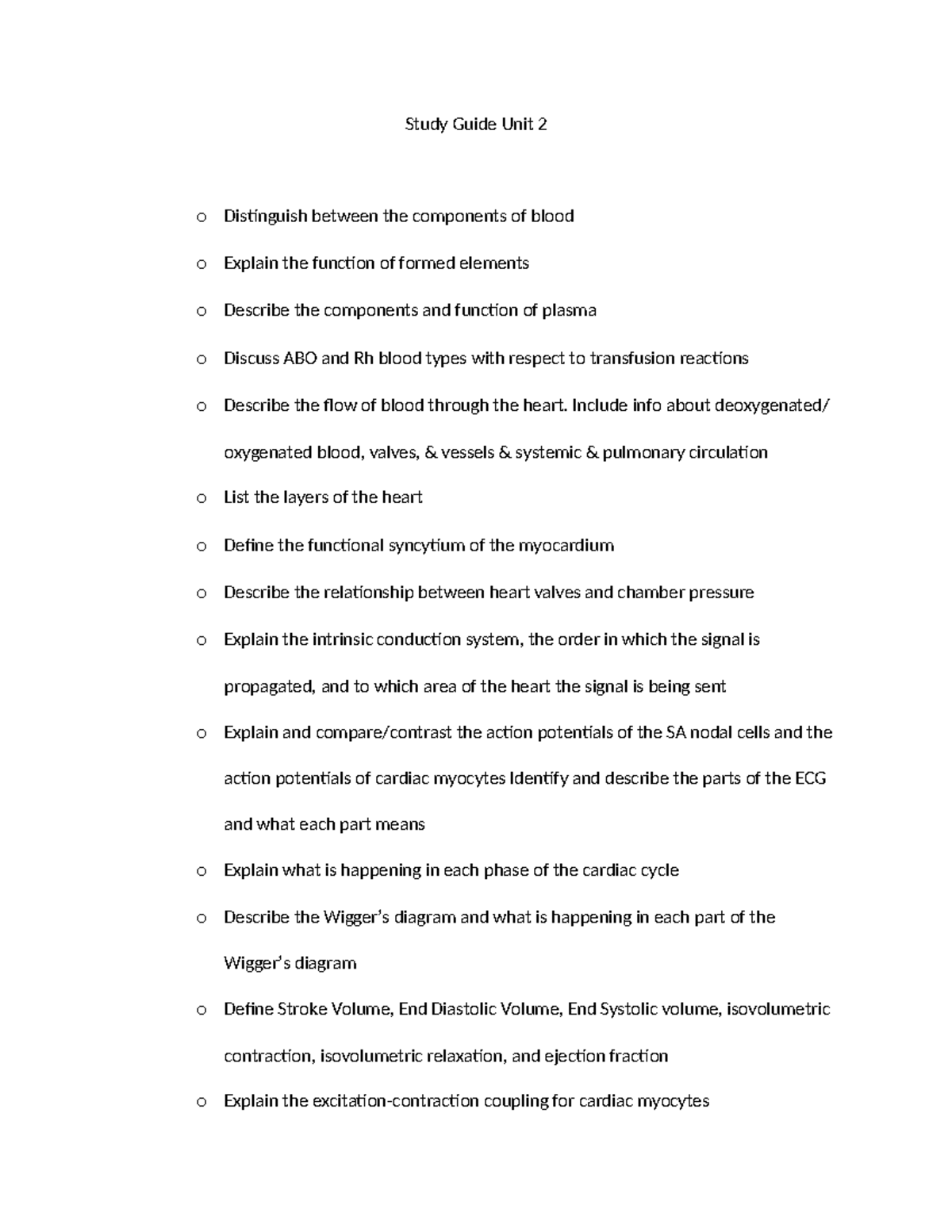 Study Guide for Unit 2: Blood Components, Circulation, and Cardiac ...