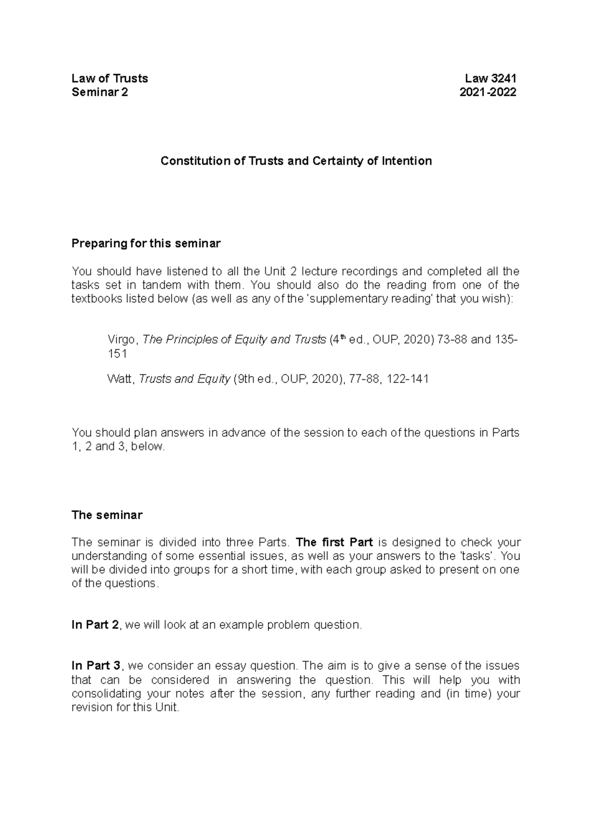 Trust Constitution and Certainty of Intention - Law of Trusts 3241 Sem ...