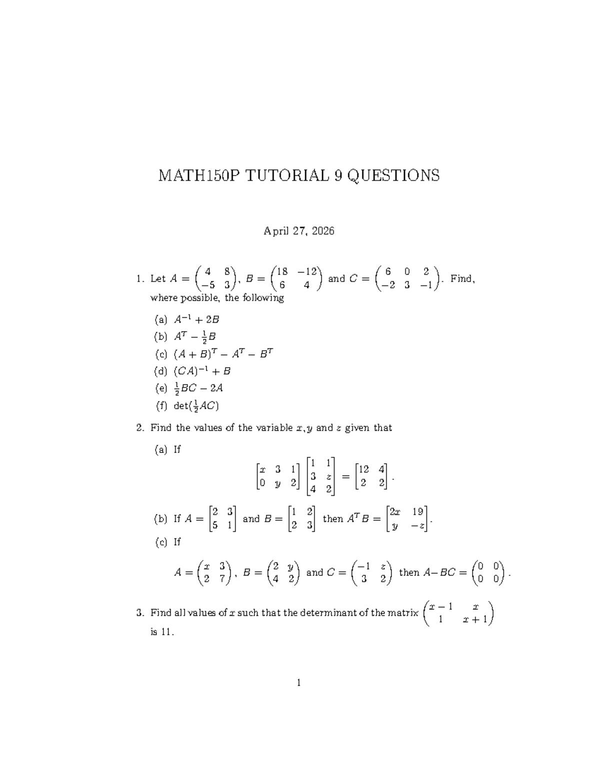 MATH150 Tutorial 9 Questions and Solutions - Studocu