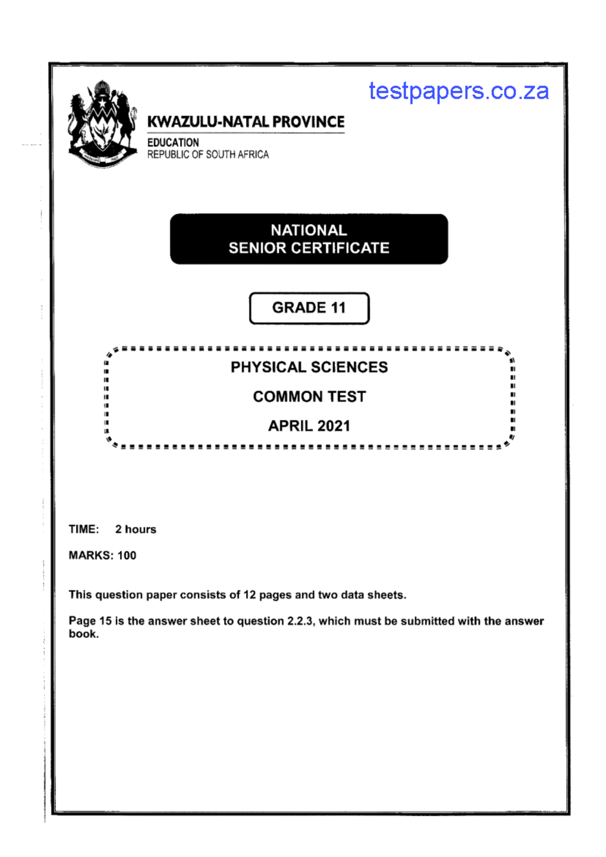 PHSC GR11 Common Test April 2021 - Physical Sciences Exam Paper - Studocu