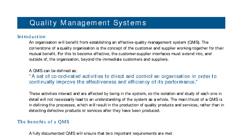 QMS 101: Introduction to Quality Management Systems - Studocu