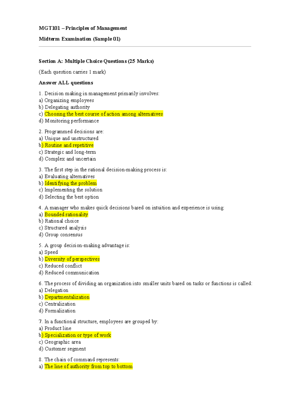 2025 MGT101 Principles of Management Midterm Exam Sample Questions ...