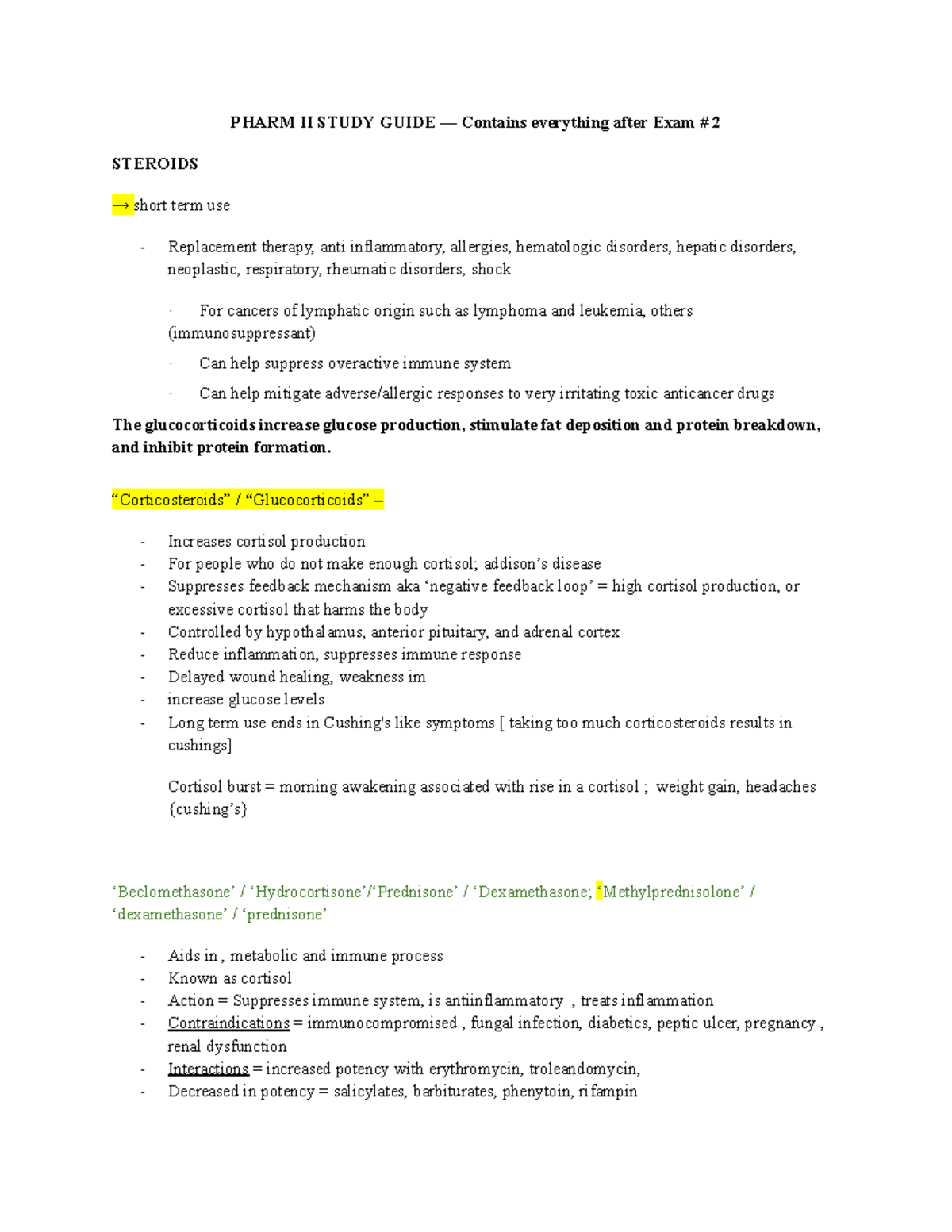 PHARM II Study Guide: Key Concepts Post Exam #2 on Steroids and ...
