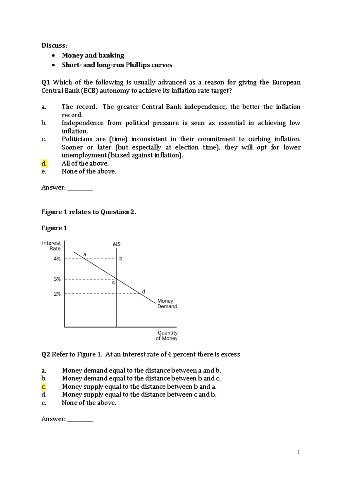 ECON 101: Money and Banking Midterm Review Questions - Studocu