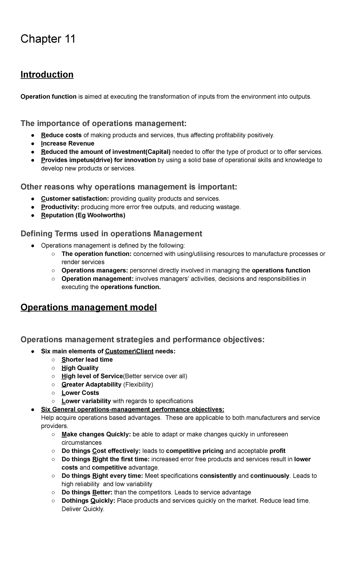 MNB1601 Chapter 11: Introduction to Operations Management and Its ...