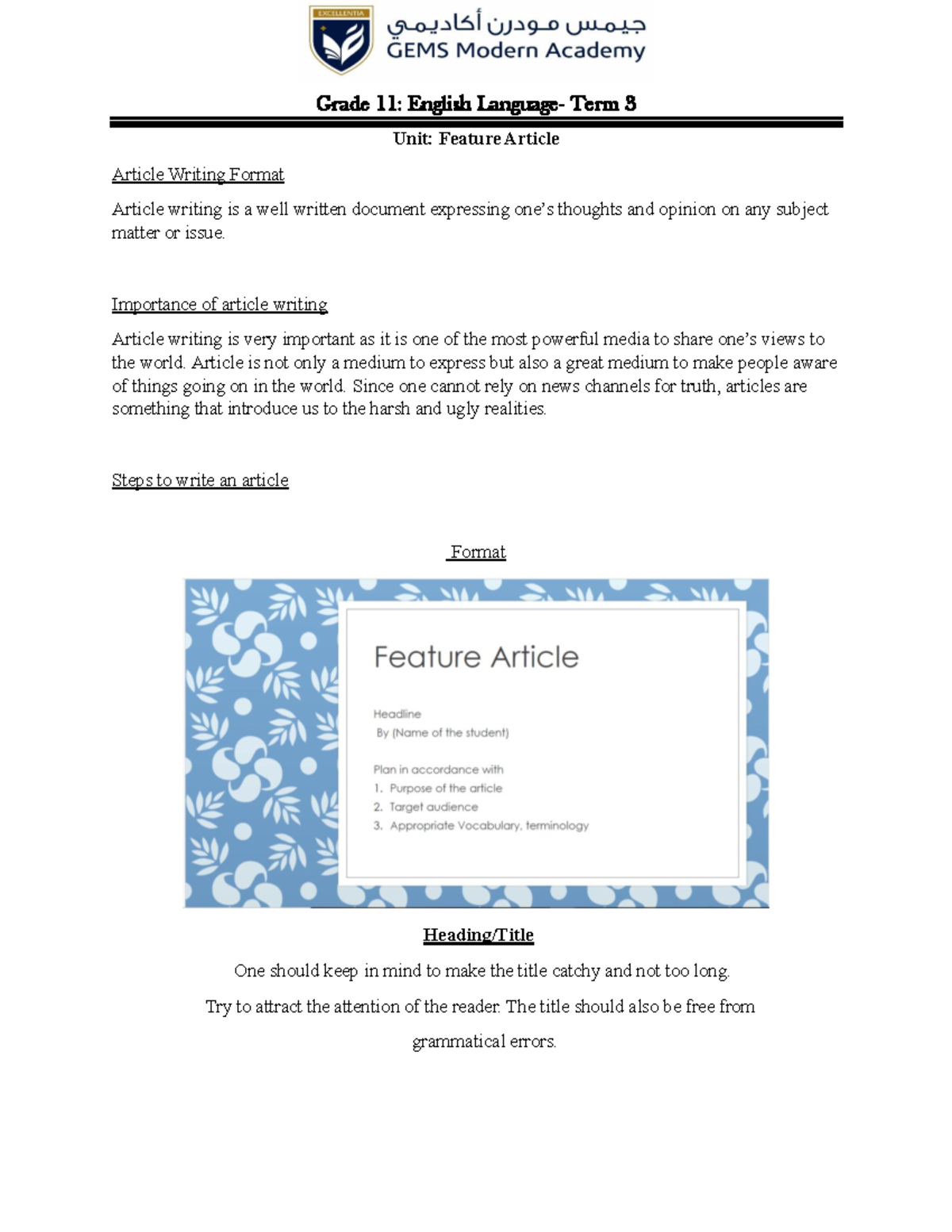 Grade 11: Term 3 Feature Article Writing Instructions & Format - Studocu