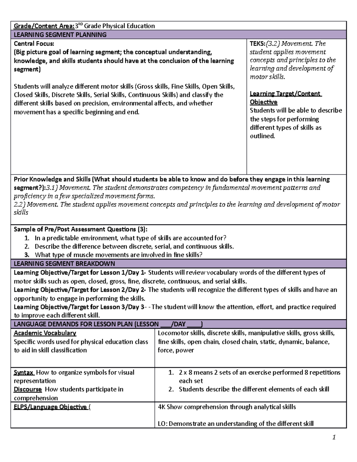 3rd Grade PE Assignment 3C: Lesson Segment on Motor Skills - Studocu