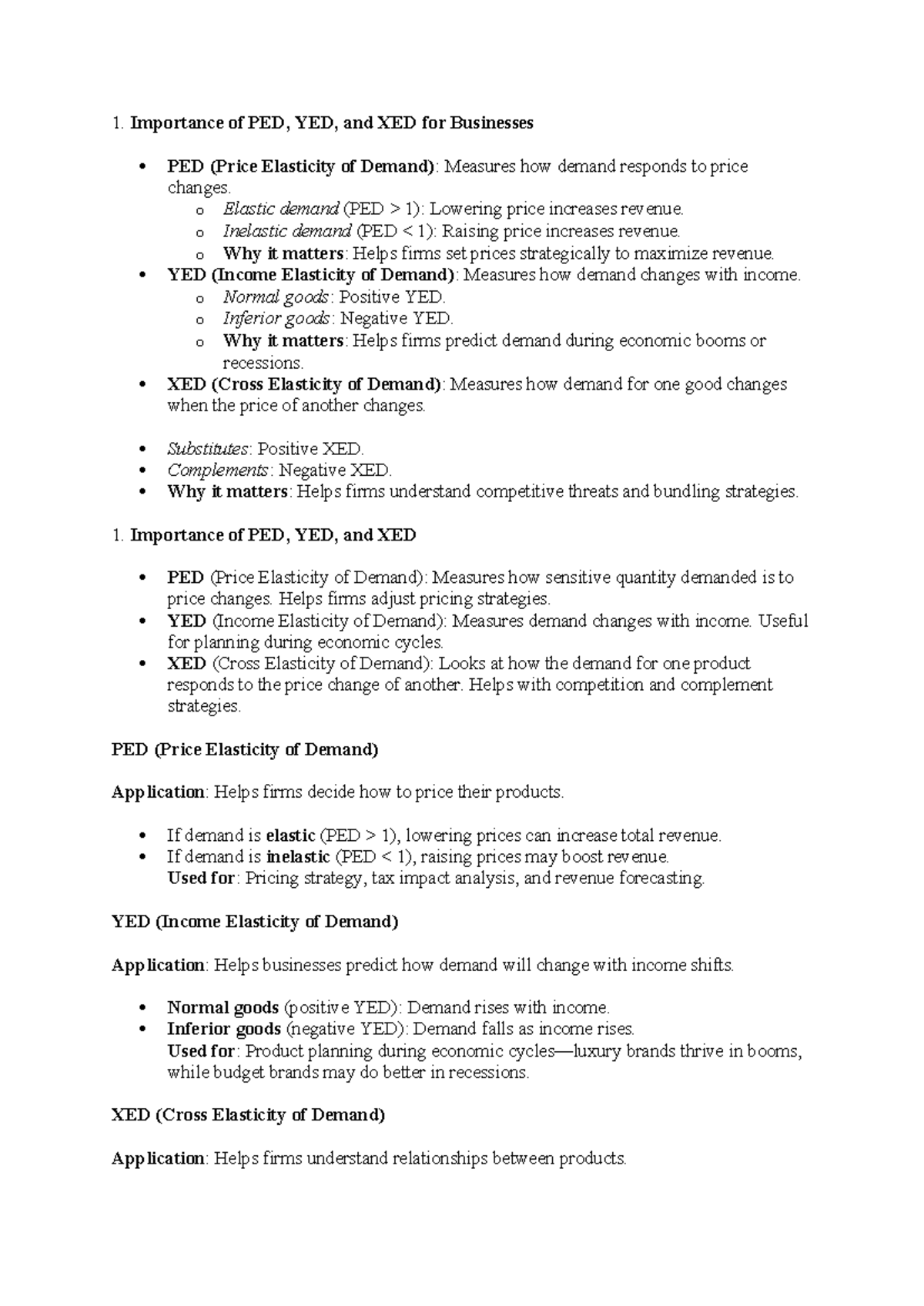 Eco 101: PED, YED, XED & Market Structures Revision Notes - Studocu