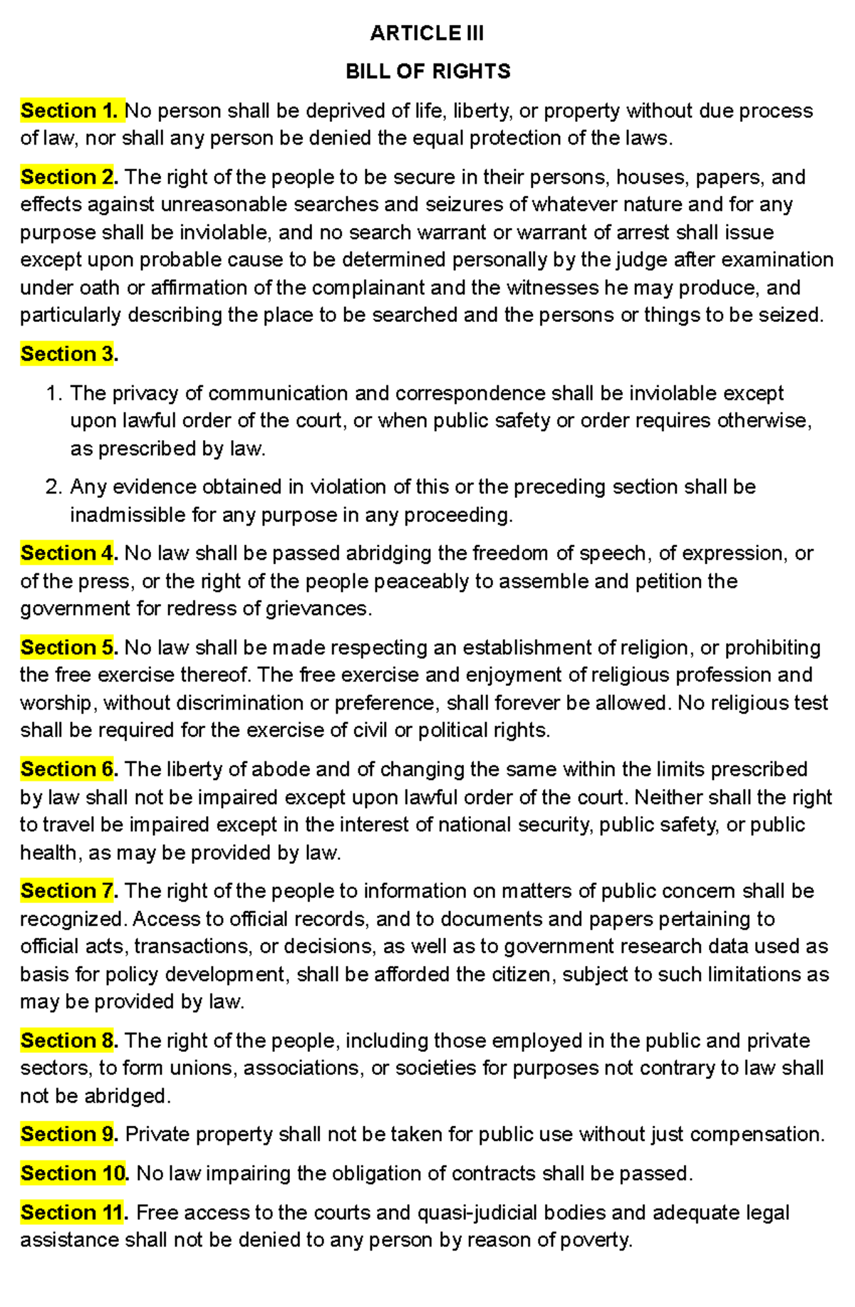 Sec 3-11 of the Bill of Rights: Key Legal Protections Explained - Studocu