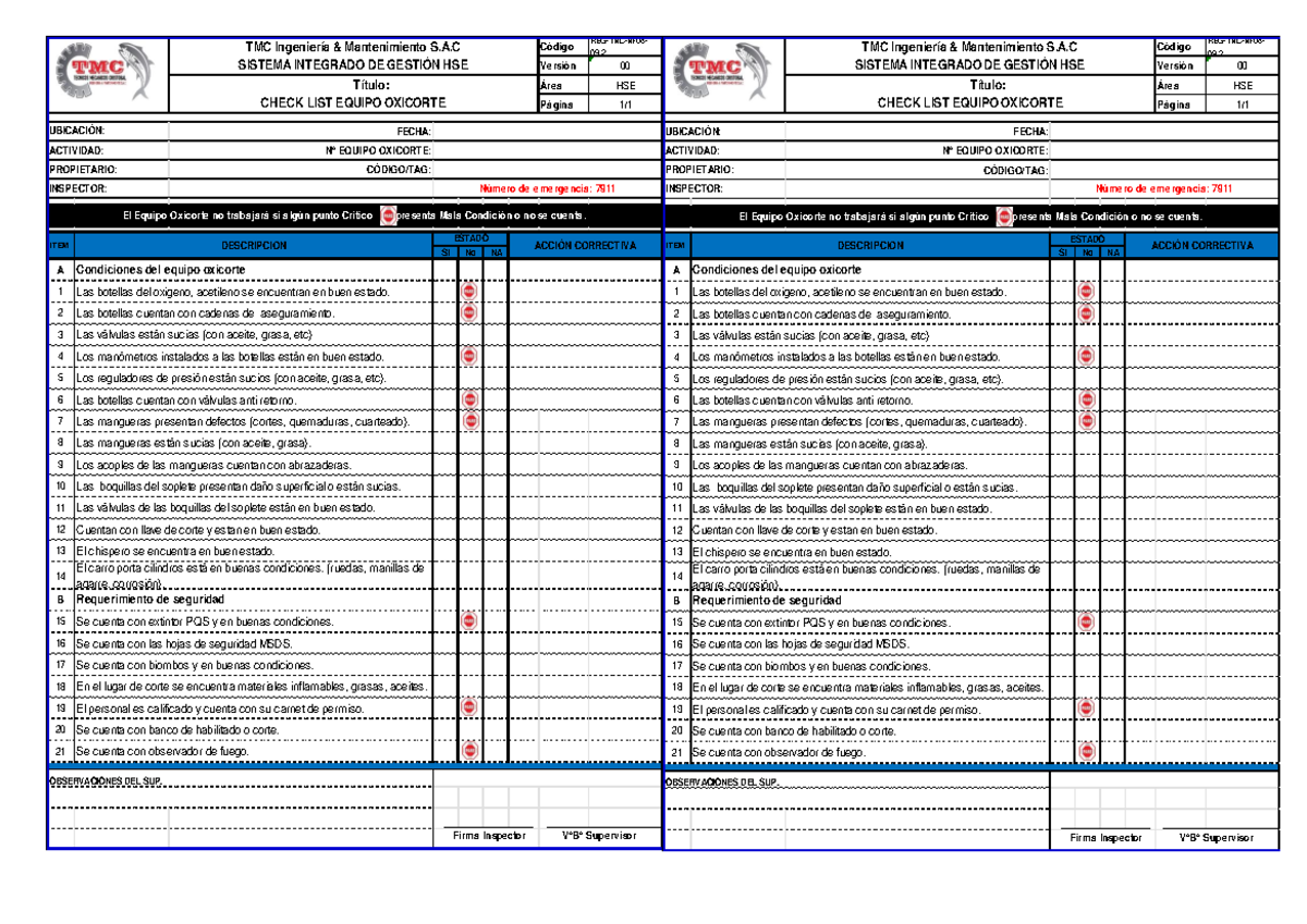 REG-TMC-M-08-09 Checklist: Seguridad y Condiciones Equipo Oxicorte ...