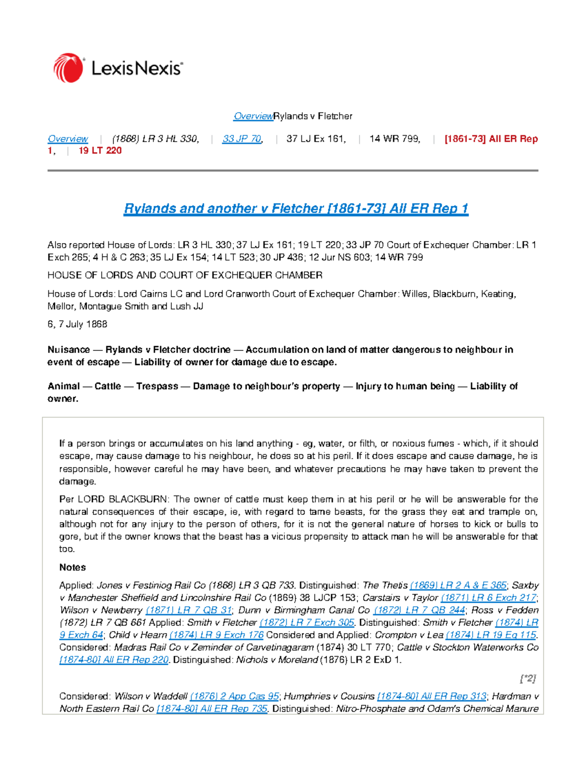 Rylands v Fletcher Case Study Overview [1861-73] All ER Rep 1 - Studocu