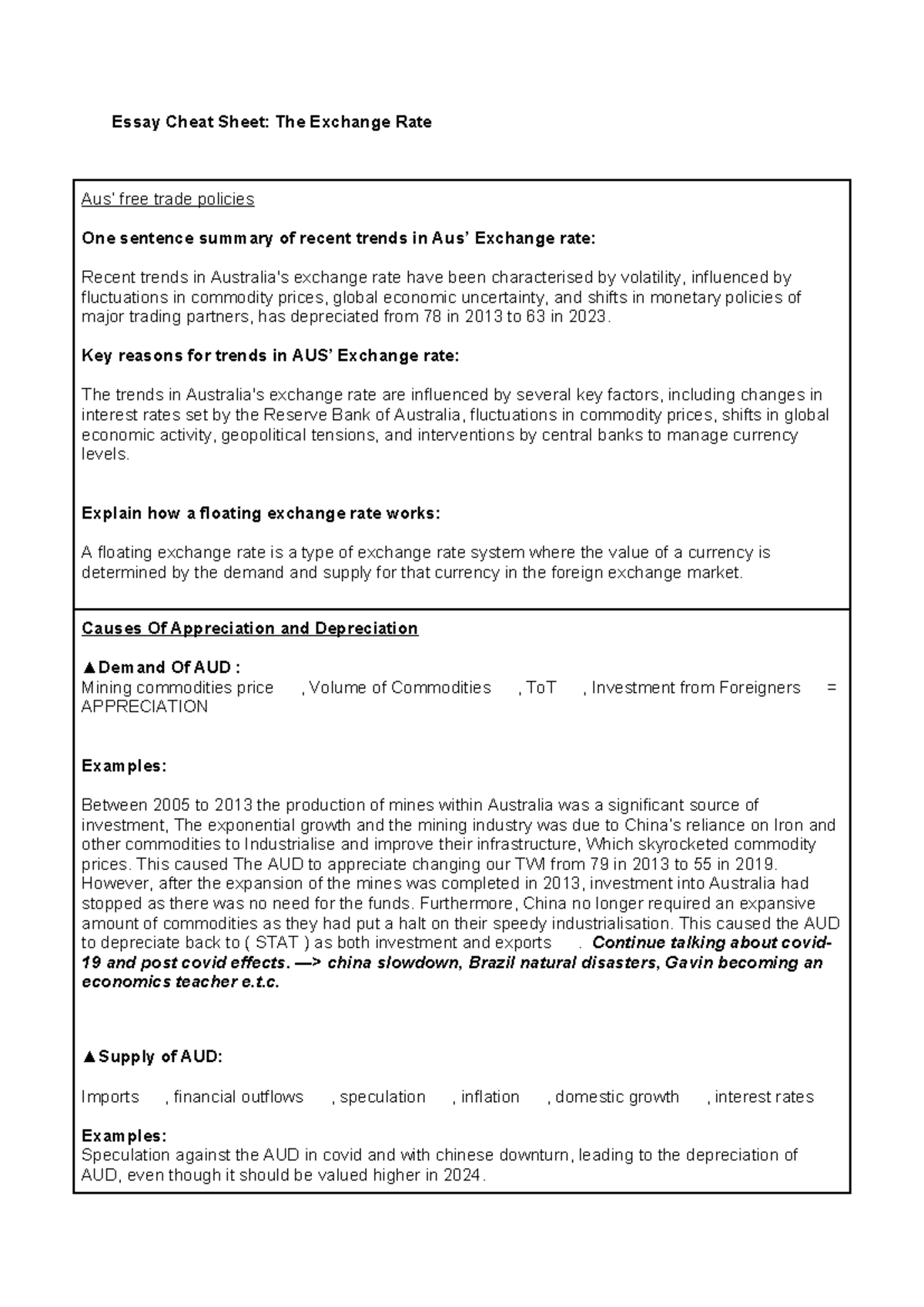 AUS Economics: Exchange Rate Trends & Analysis Cheat Sheet - Studocu