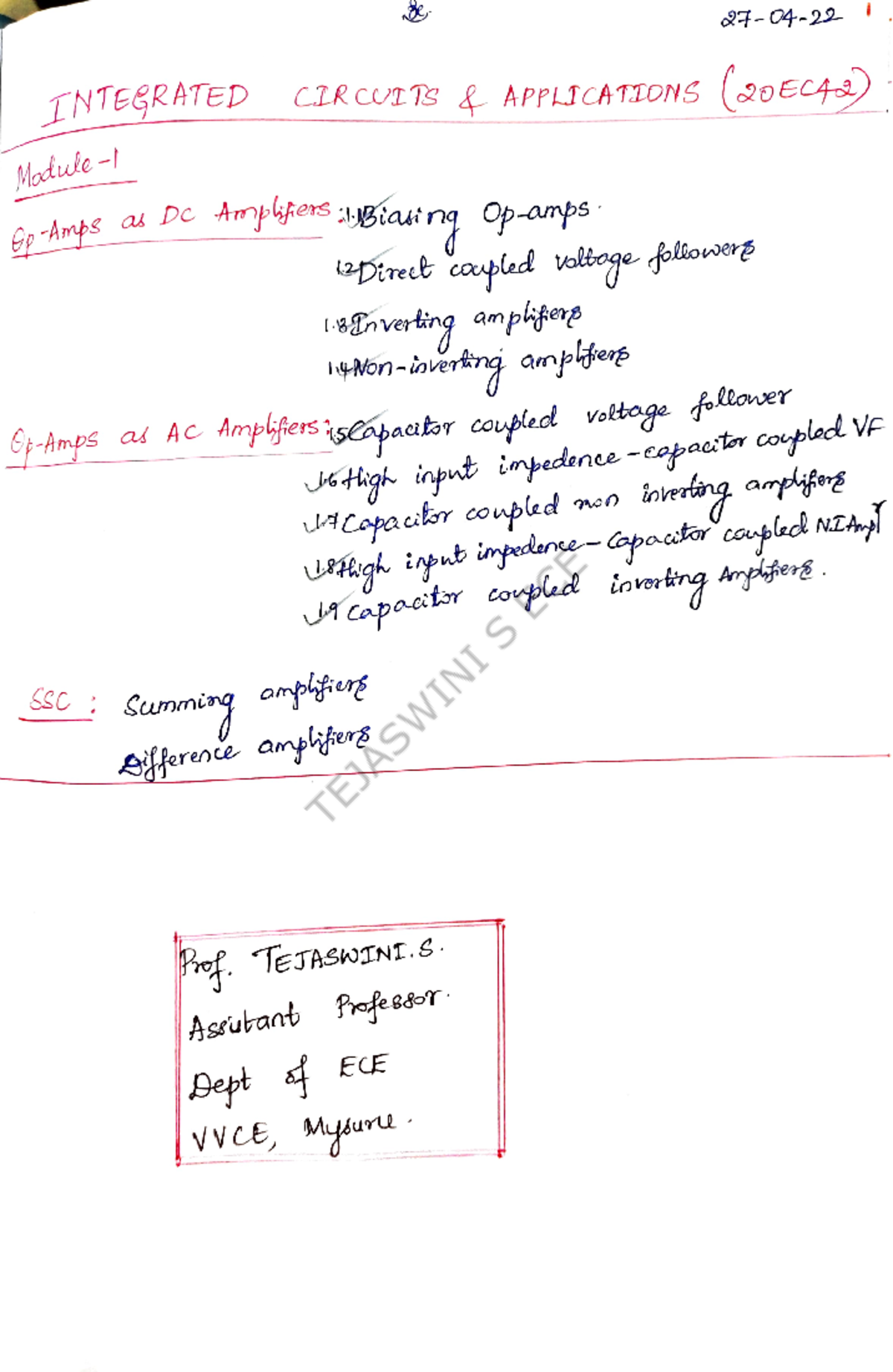 Module-1 Notes - Be INTEGRATED CIRCUITS APPLICATIONS (20EC42) Op as DC ...