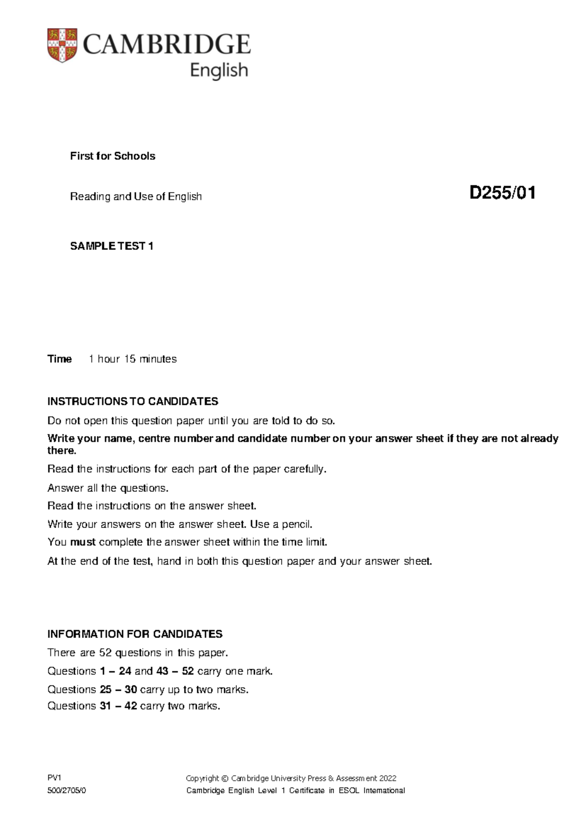 B2 First for Schools Sample Paper 1 - Reading & Use of English D255 ...