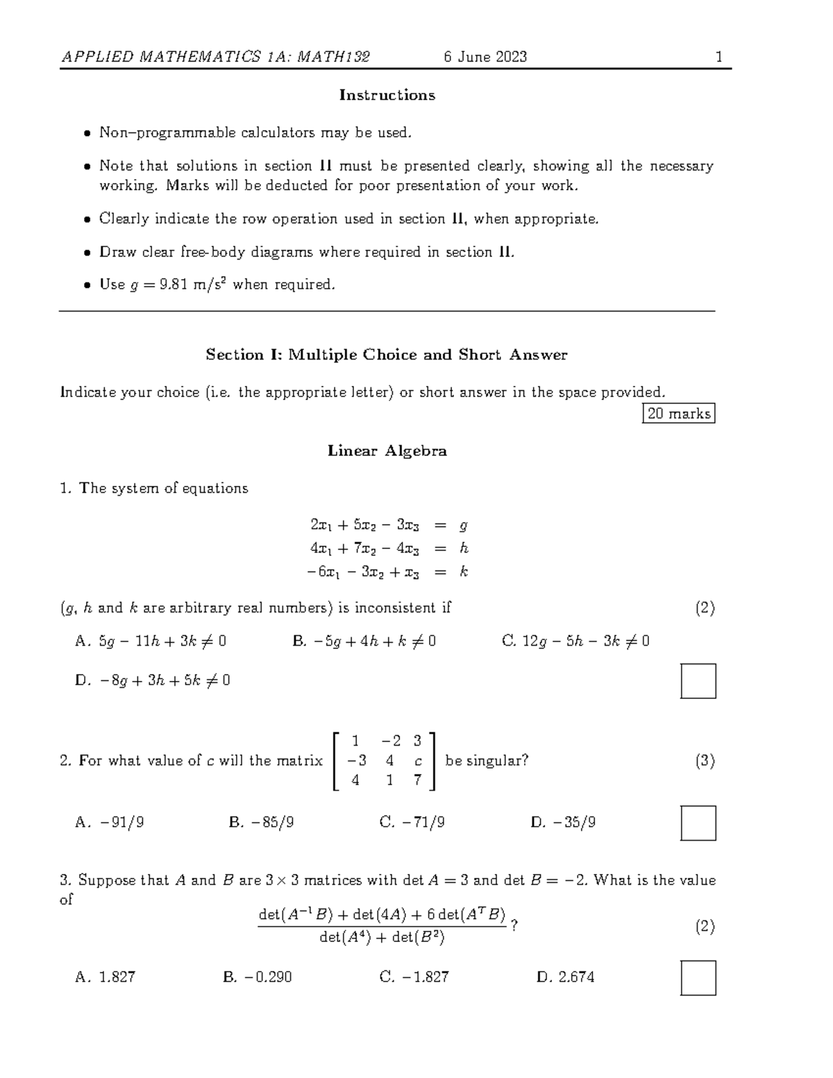 APPLIED MATHEMATICS 1A: MATH132 Final Exam Review Notes - Studocu