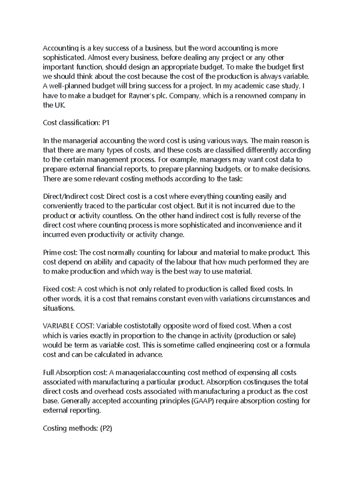 Costing and Budgeting: A Comprehensive Case Study (P) - Studocu